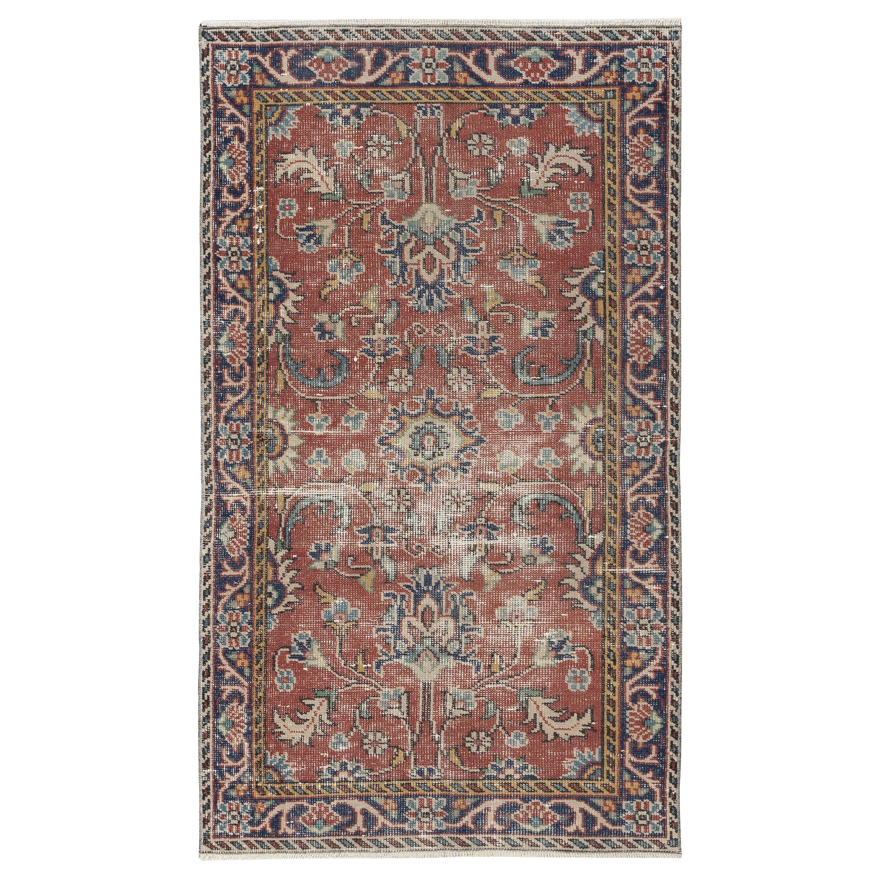 Tappeto d
epoca fatto a mano in lana rossa turca con disegno floreale 3.5x6 Ft