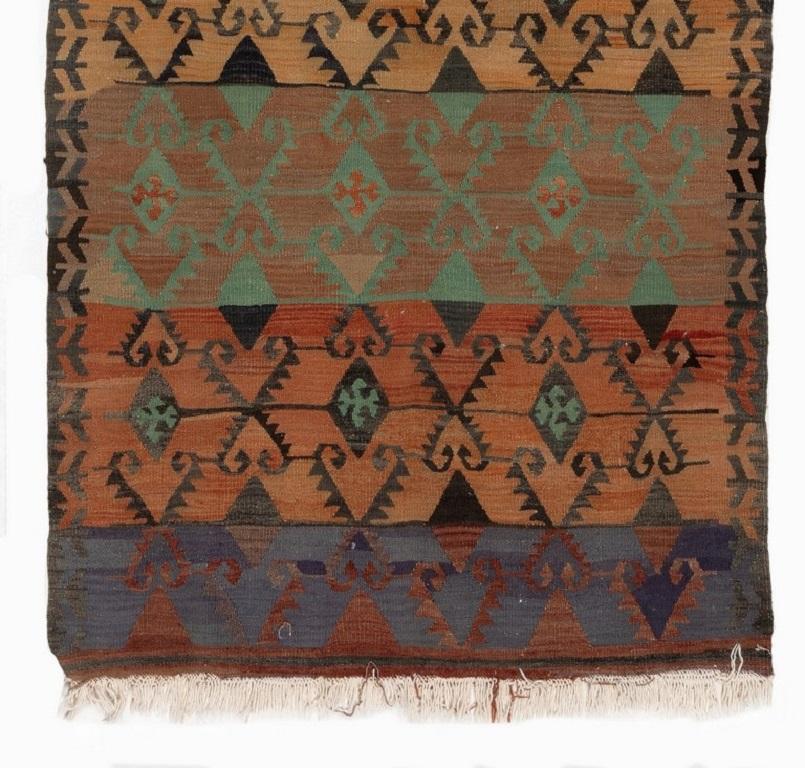 Hand-Woven 3.5x6.2 ft Colorful Vintage Geometric Turkish Runner Kilim, Wool Handmade Rug For Sale