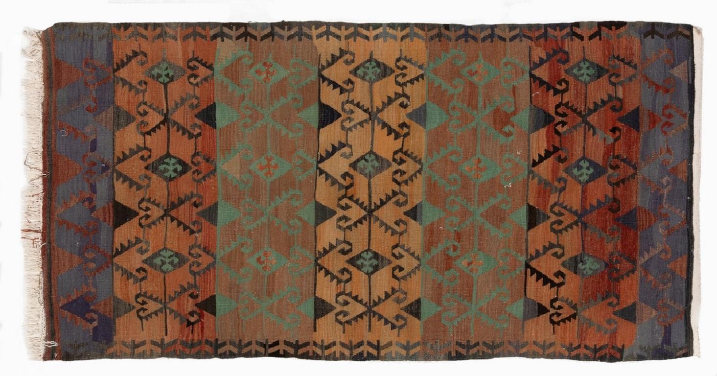 3.5x6.2 ft Colorful Vintage Geometric Turkish Runner Kilim, Wool Handmade Rug In Good Condition For Sale In Philadelphia, PA