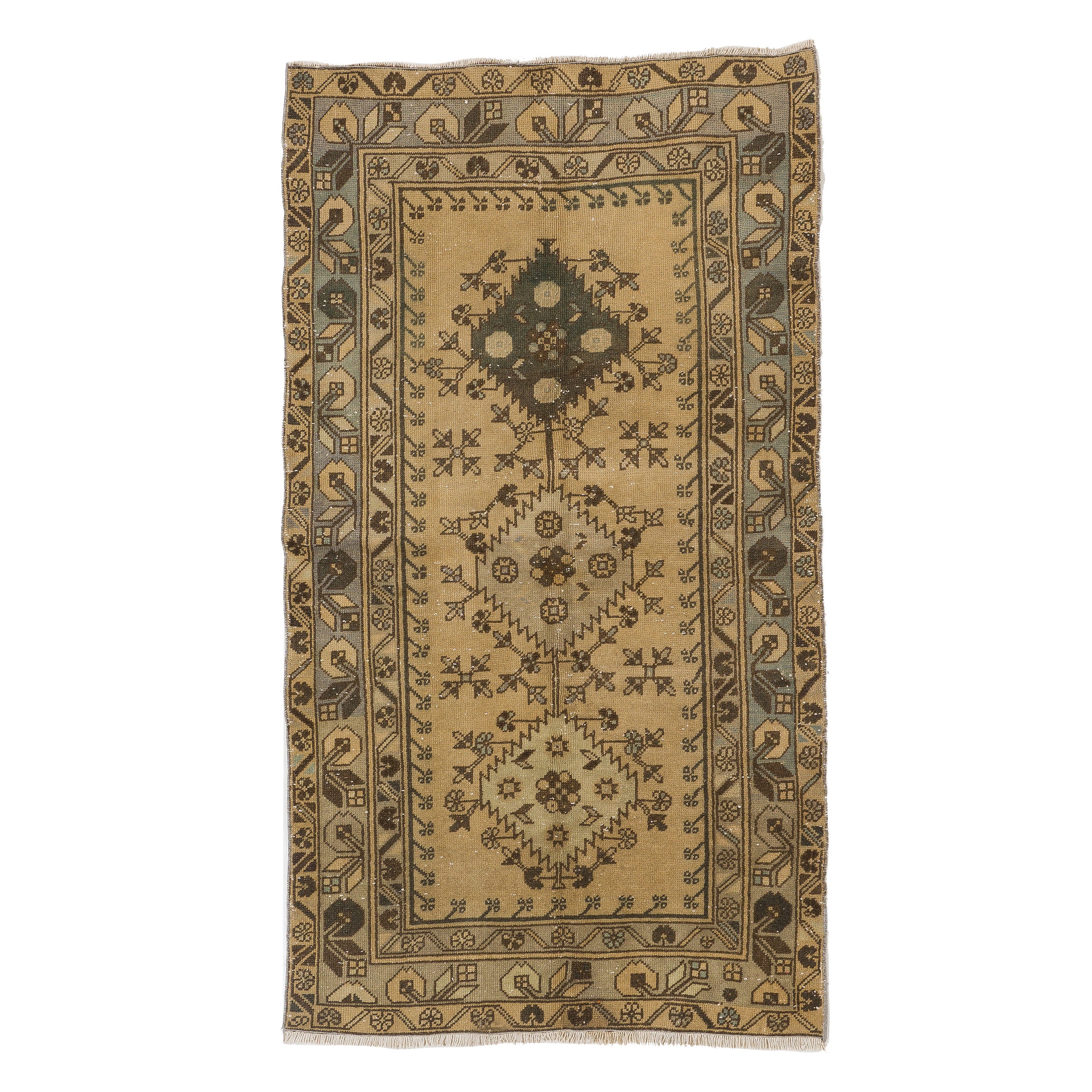 Tappeto piccolo in lana anatolica 3.5x6.3 Ft fatto a mano con triplo medaglione vintage in beige in vendita