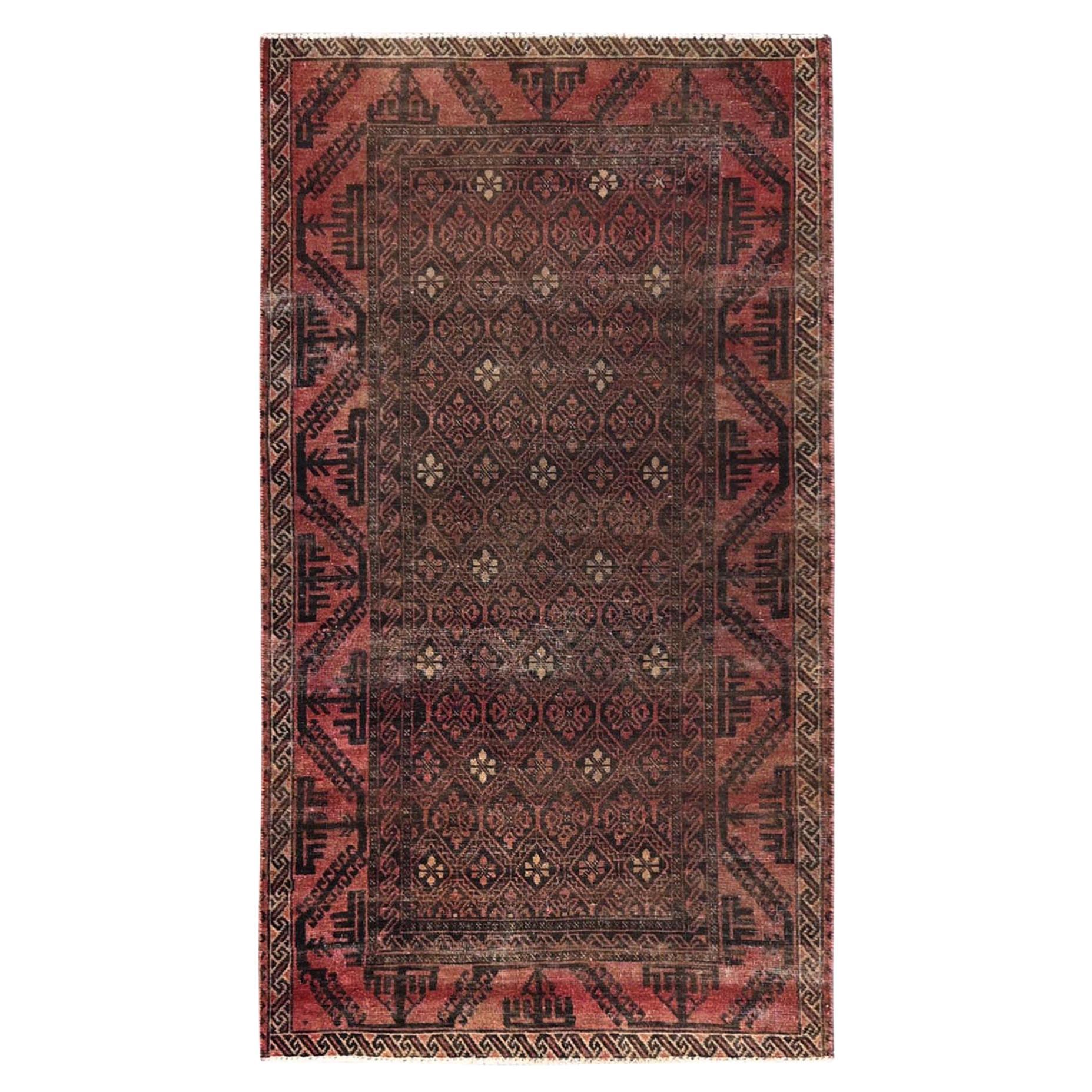 3
5"x6
4" Brown Antique Baluch with Repetitive Design Hand Knotted Pure Wool Rug en venta