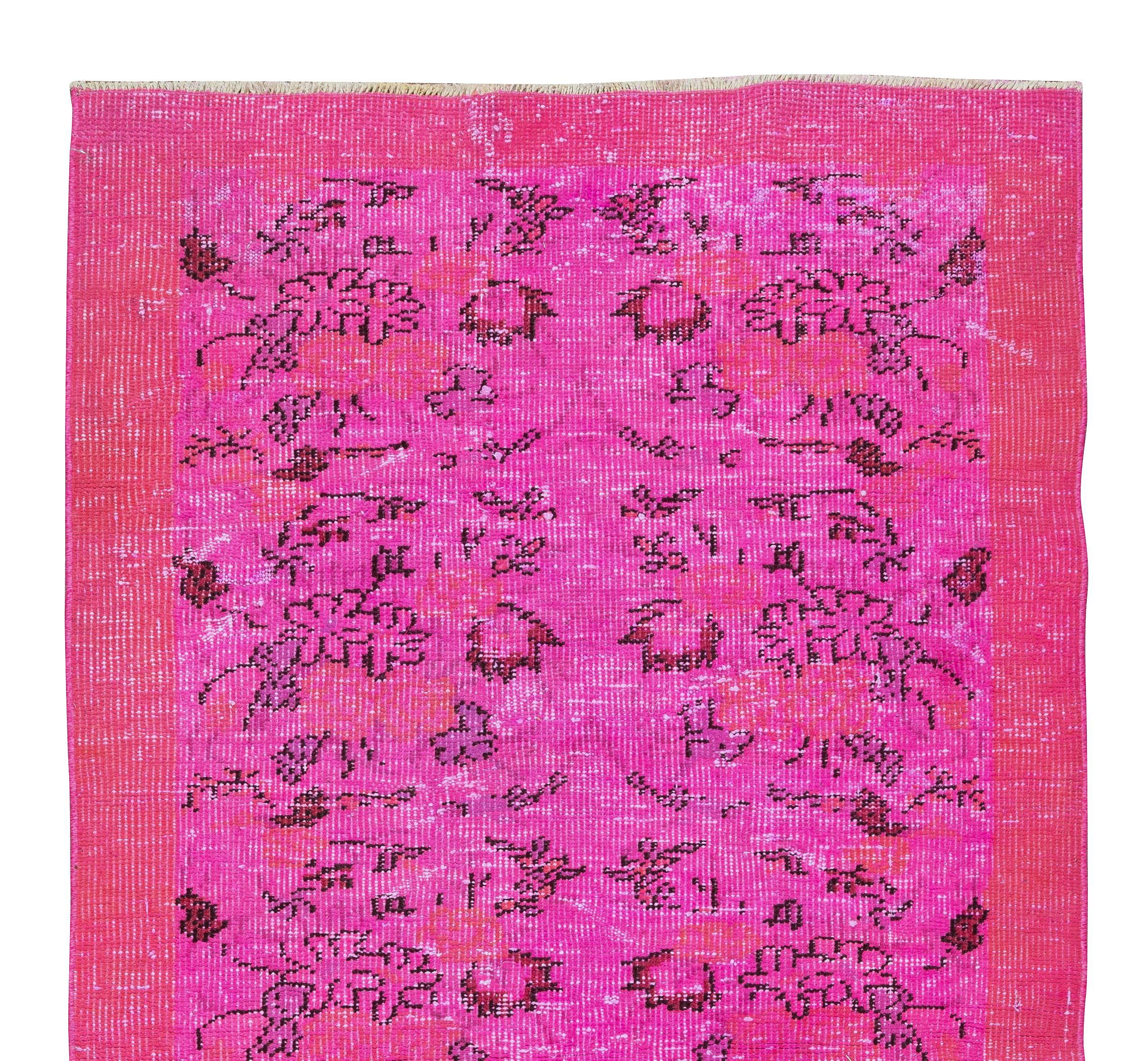 Hand-Knotted Floral Vintage Accent Rug Re-Dyed in Pink, Turkish Handmade Small Rug For Sale