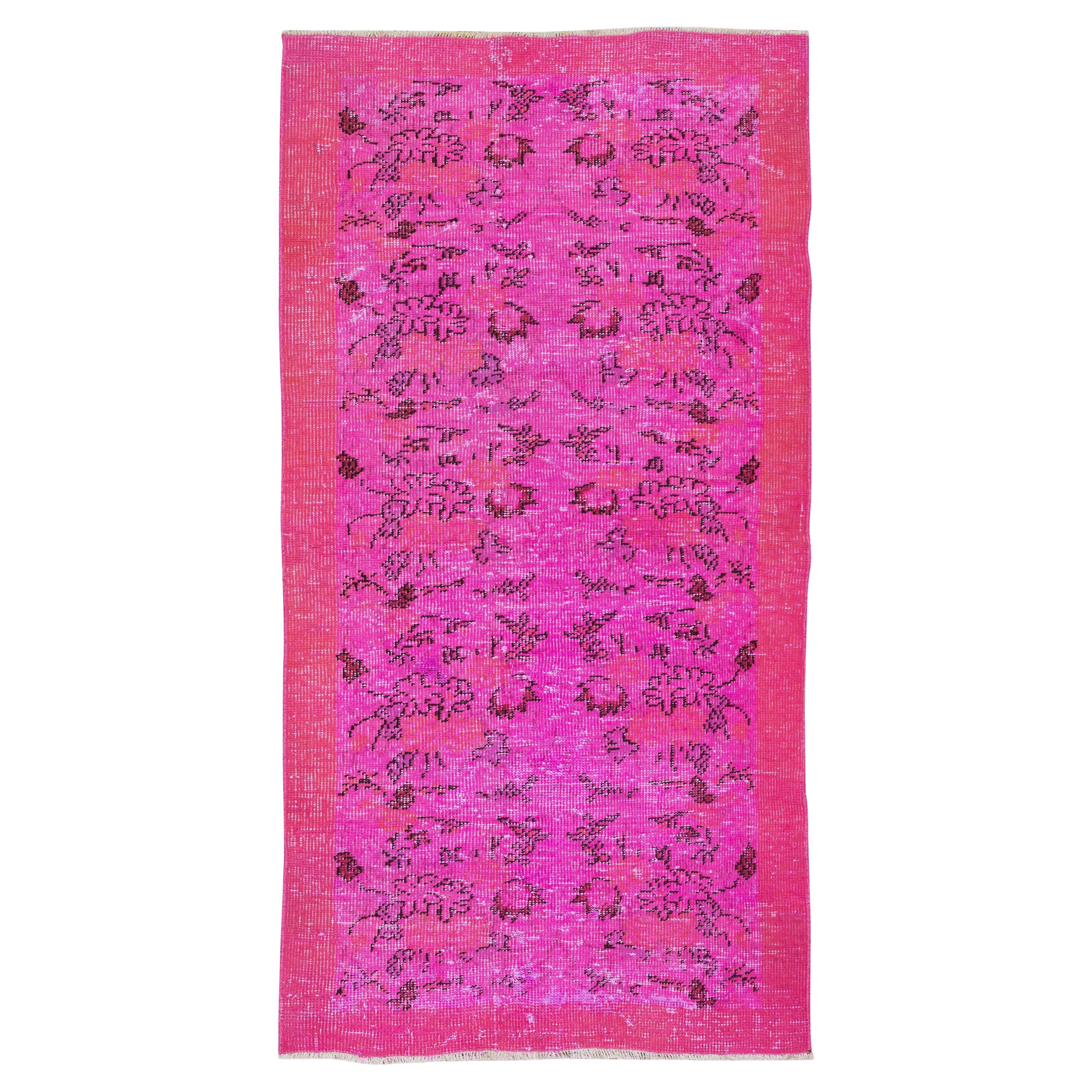 Floral Vintage Accent Rug Re-Dyed in Pink, Turkish Handmade Small Rug For Sale
