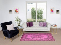 Handmade Anatolian Accent Rug in Pink with Floral Medallion Design