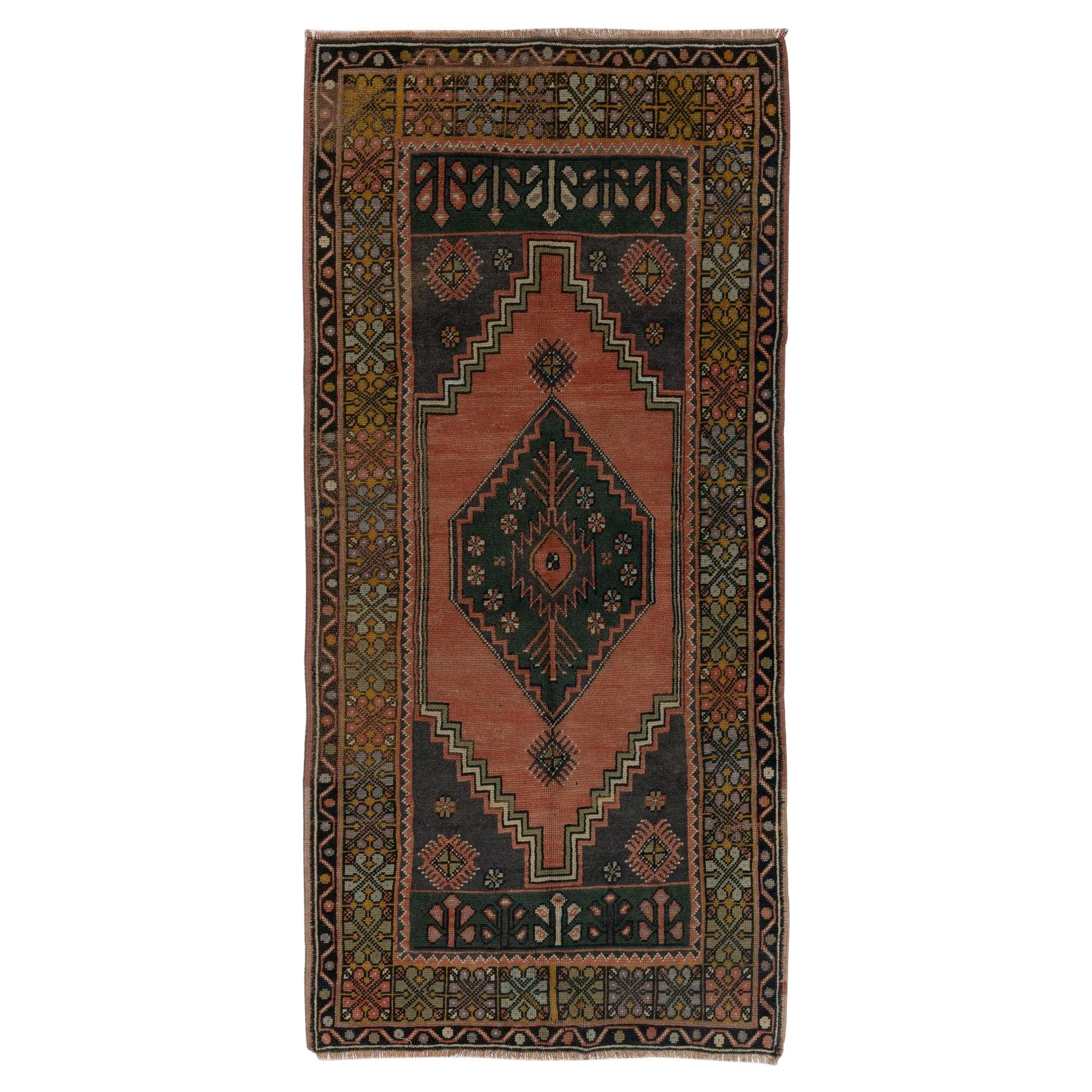 Tapis traditionnel turc tribal vintage fait à la main 3,5x7 pieds, revêtement de sol en laine