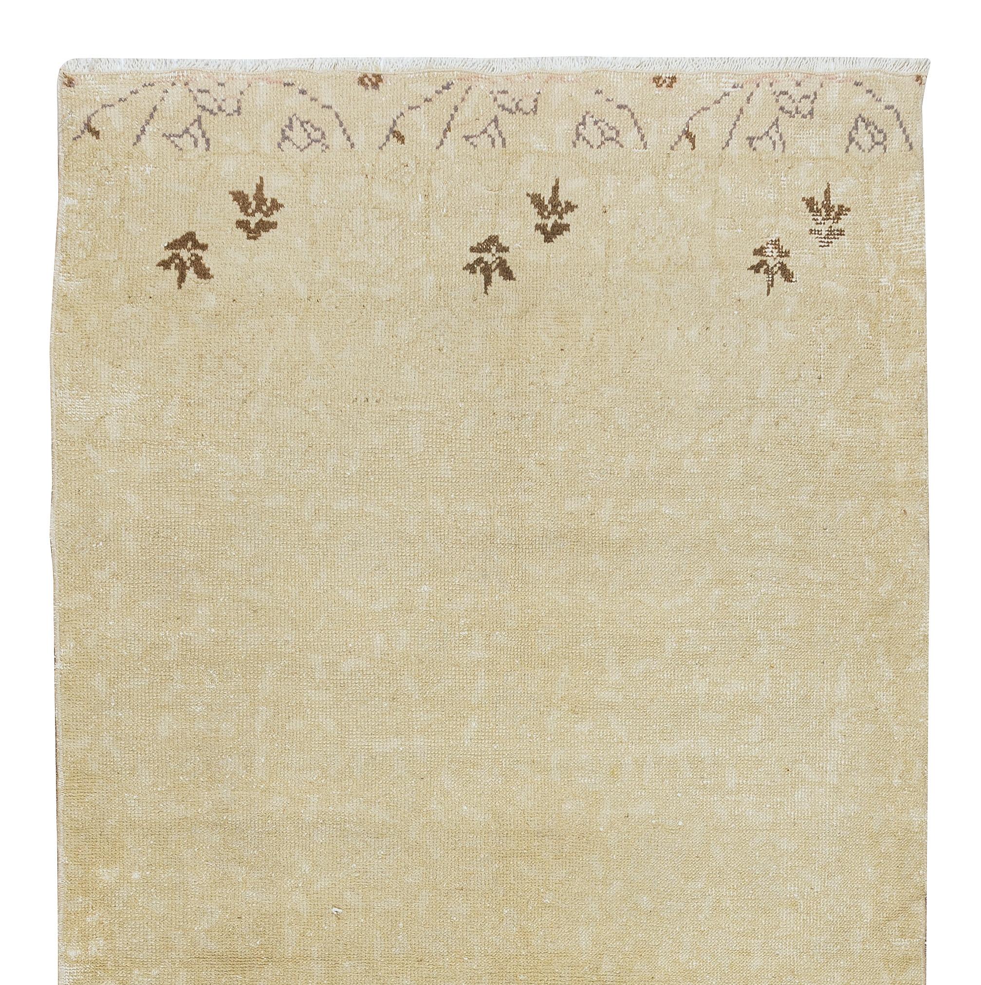 Oushak 3.5x7.3 Ft Handmade Turkish Rug with Neutral Color, Beige 1950s Sun Faded Carpet
