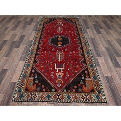 3'5"x8'2" Crimson Red Vintage Persian Shiraz Hand Knotted Pure Wool Runner Rug