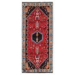 3'5"x8'2" Crimson Red Vintage Persian Shiraz Hand Knotted Pure Wool Runner Rug