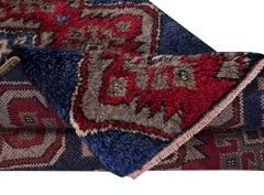 3.5x8.4 Ft Vintage Hand Knotted "Tulu" Rug in Blue, Red & Light Brown. 100% Wool