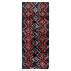 Tappeto vintage "Tulu" annodato a mano di 3,5x8,4 piedi in blu, rosso e marrone chiaro. 100% lana