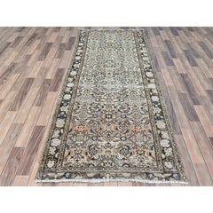 3'5"x9'2" Beige Hand Knotted Vintage Zoroastrian Hamadan Wool Clean Runner Rug