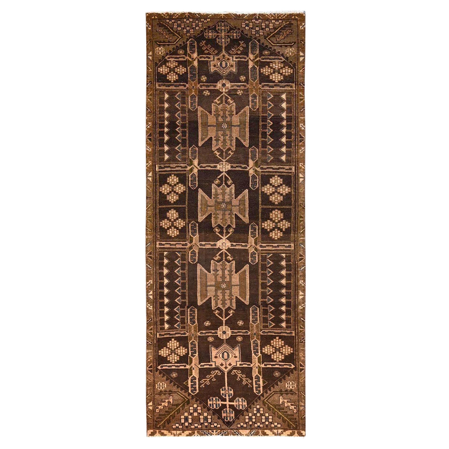 3
5"x9
3" Brown Vintage Persian Bakhtiar Hand Knotted 100% Wool Runner Rug