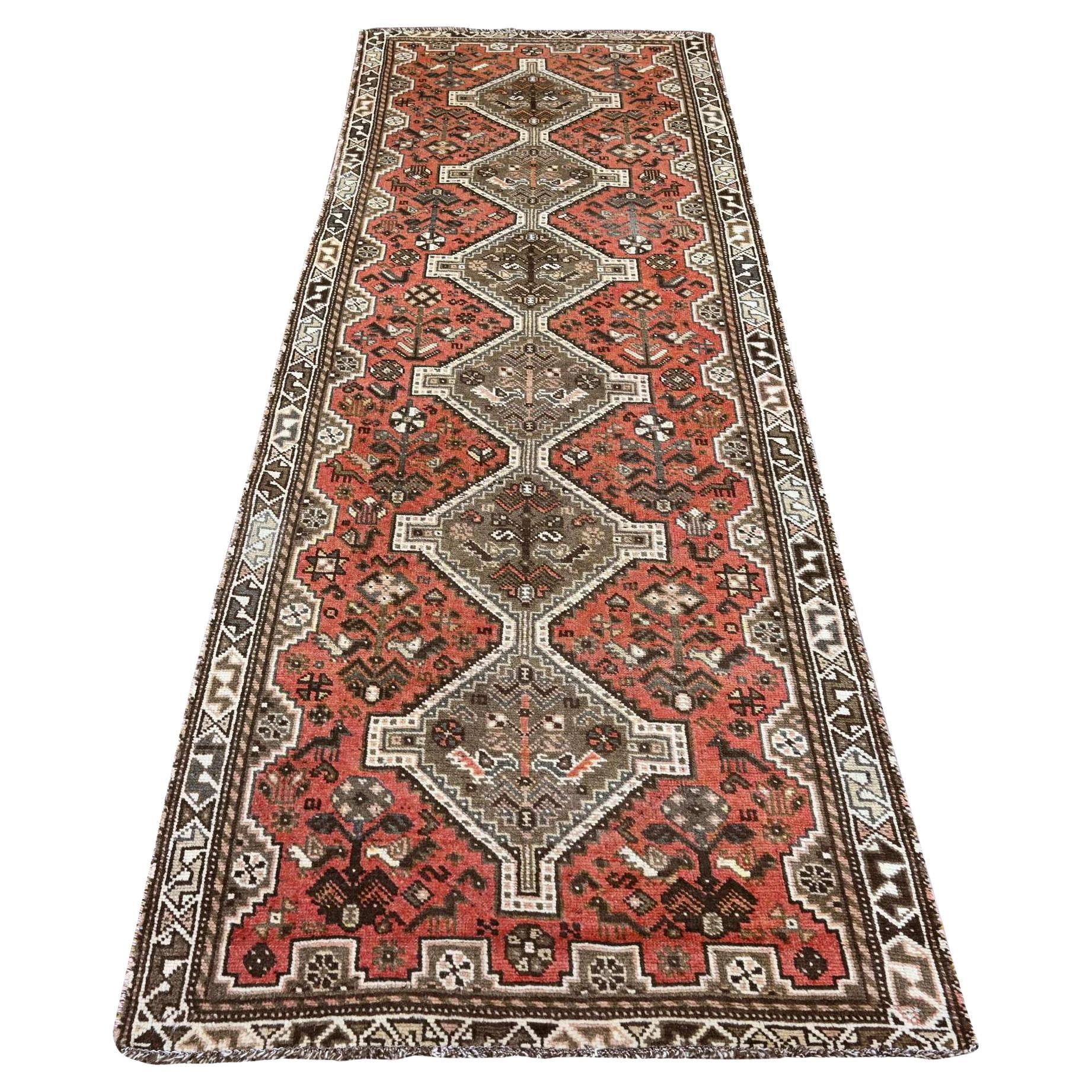 3'5 "x9'6" Rojo Vintage Persa Shiraz Anudado a Mano Pura Lana Alfombra Oriental Runner