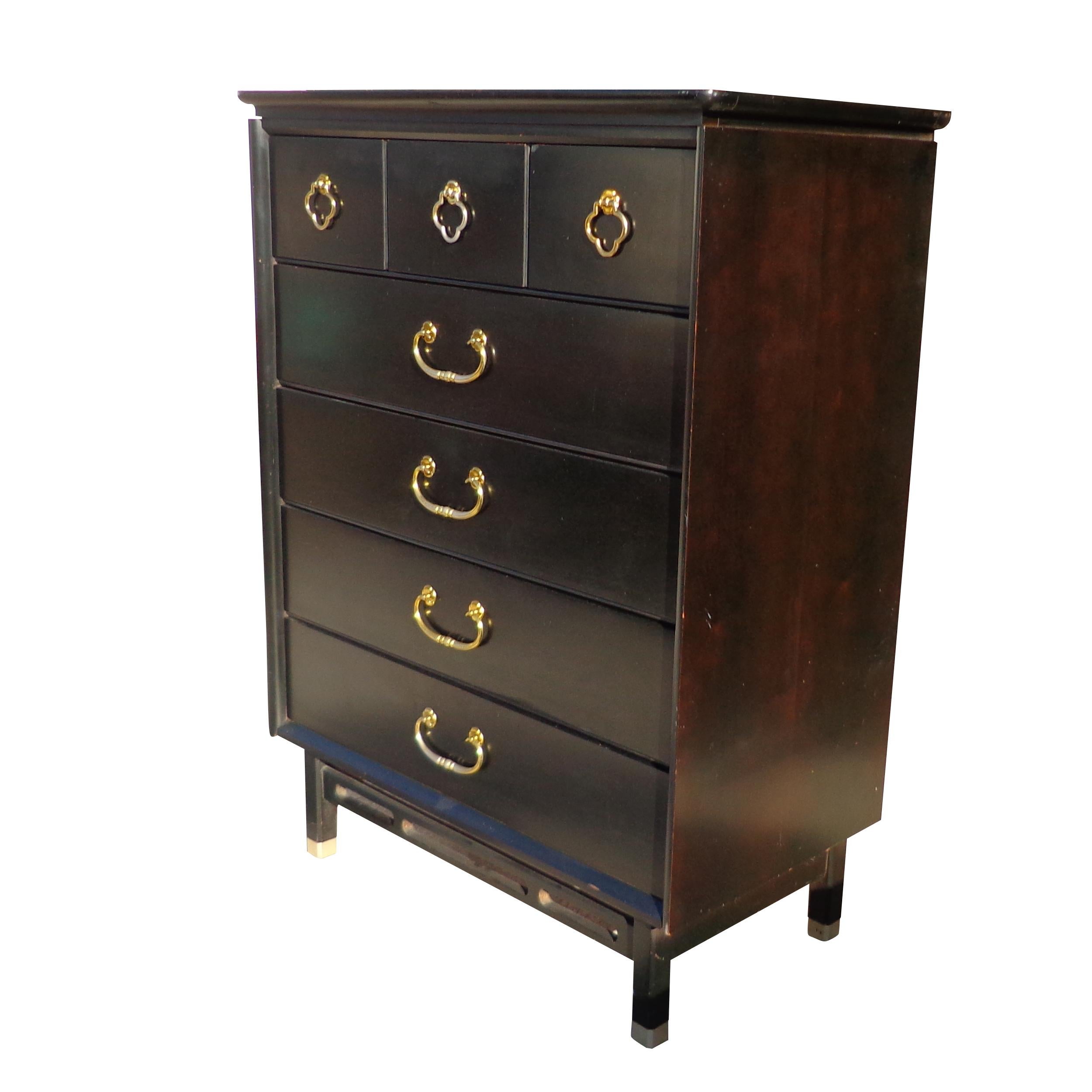 Chinoiserie Bassett Asian Style Ebonized Chest of Drawers For Sale