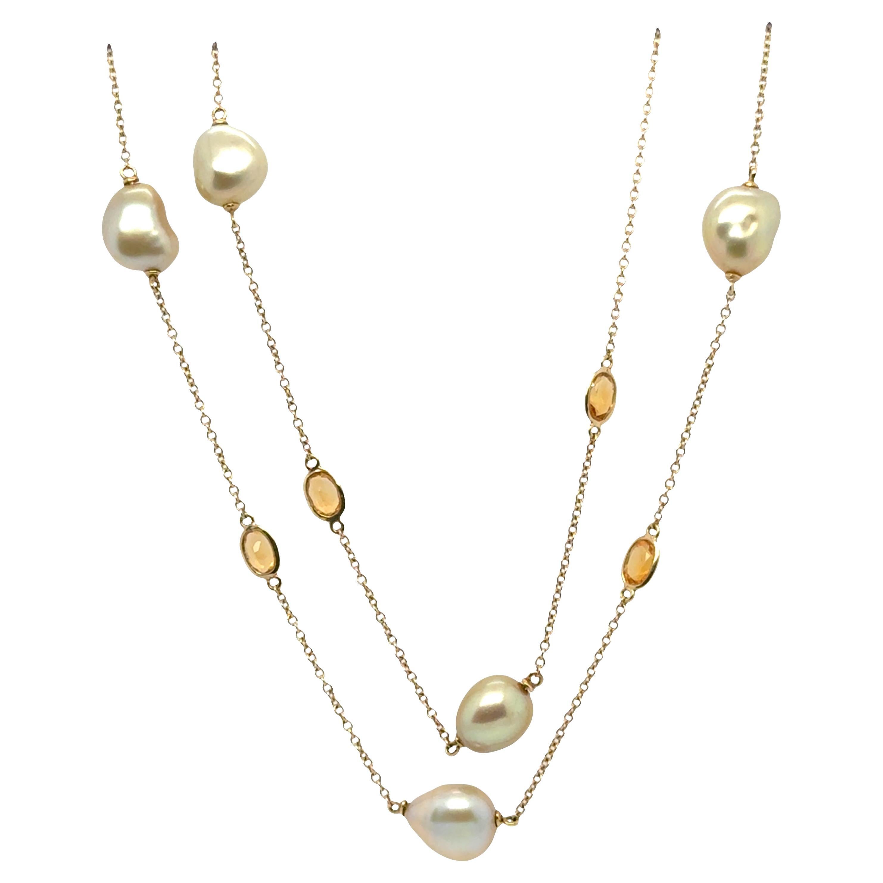 36" By-the-Yard-Halskette mit goldenen Perlen und Citrin - 14k Gelbgold im Angebot
