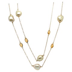 Collar de 36" con perlas doradas y citrino - Oro amarillo de 14k
