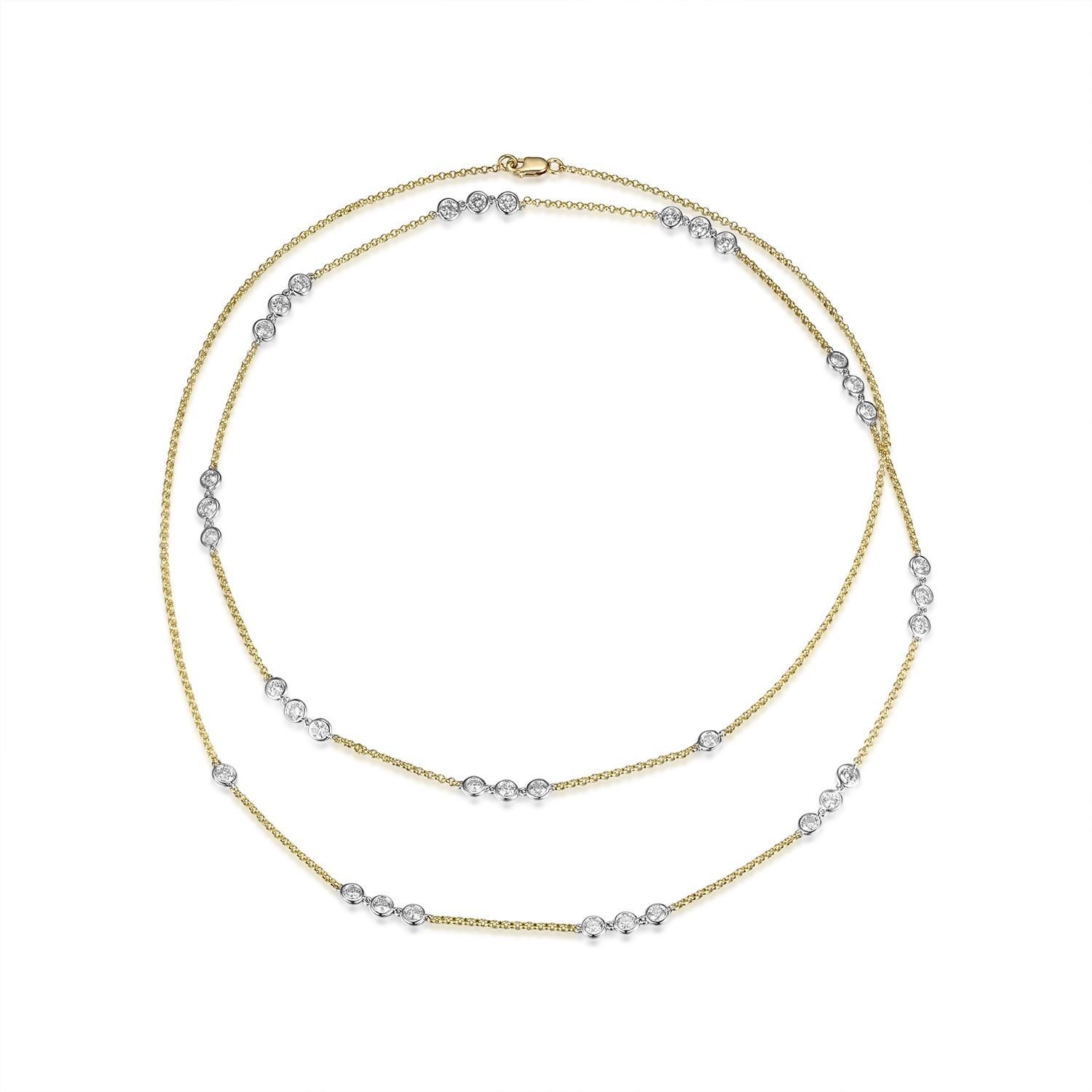 3.6 Carats 29-Station Diamond by the yard necklace set in 18K gold. The total weight is 3.60 ctw. Beautiful shiny stones. The total length is 34 inch. Great holiday gift for that special someone.
Necklace is made with 18 karat yellow gold and