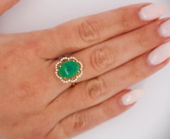 3.6 Carat Cabochon Emerald and Diamond Flower Halo 18K Gold Ring