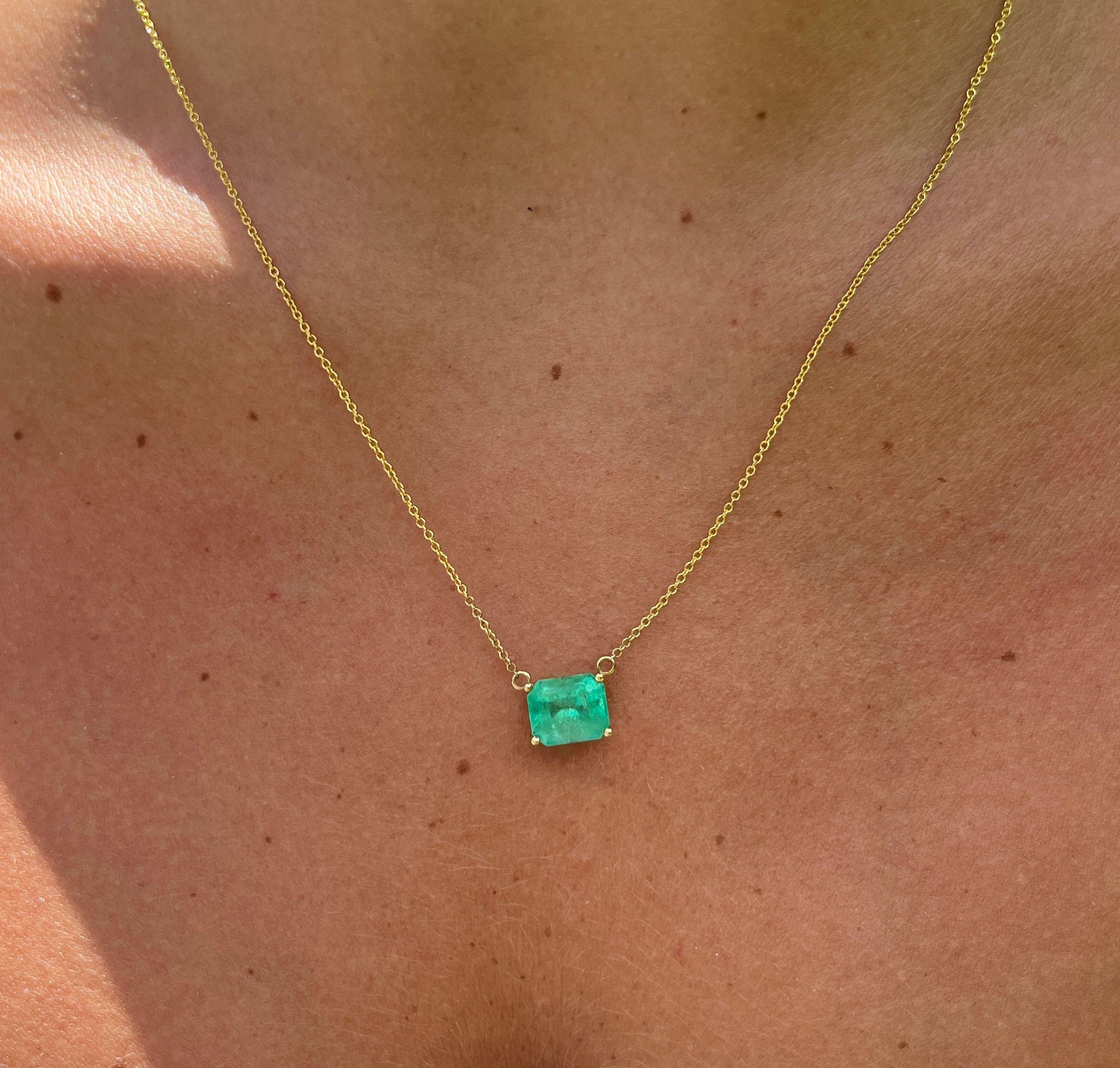 Emerald Cut 3.6 Carat Colombian Emerald Solitaire East West Pendant Necklace in 14K Gold For Sale