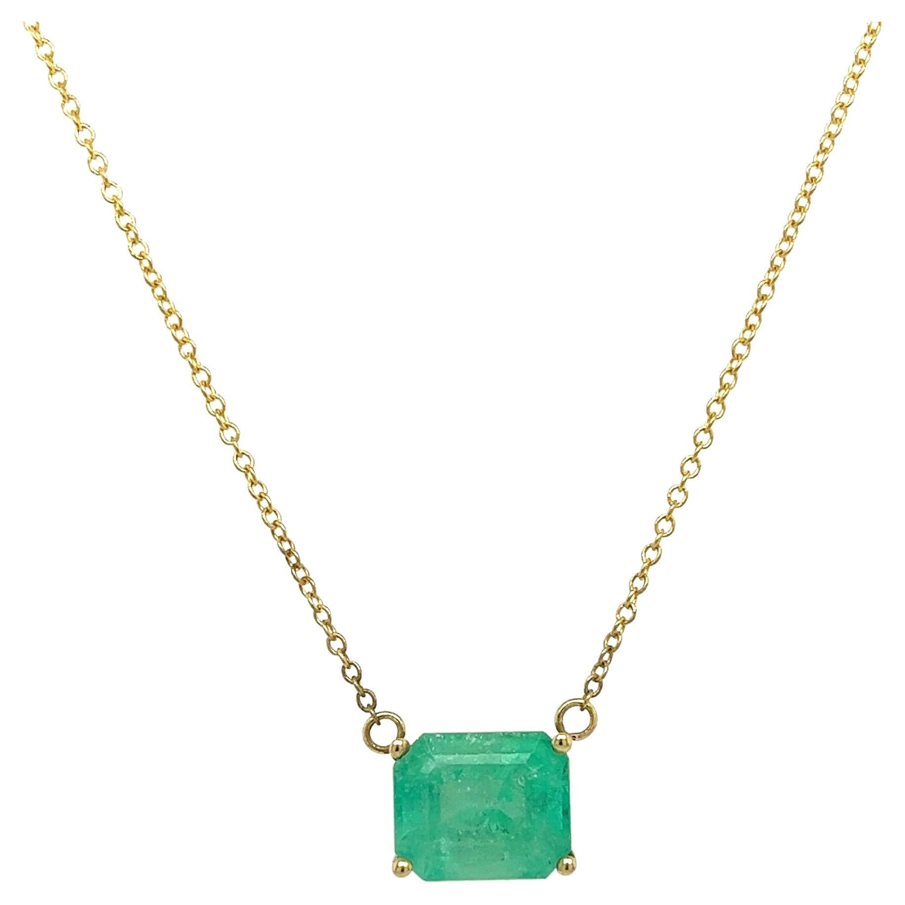 3.6 Carat Colombian Emerald Solitaire East West Pendant Necklace in 14K Gold For Sale