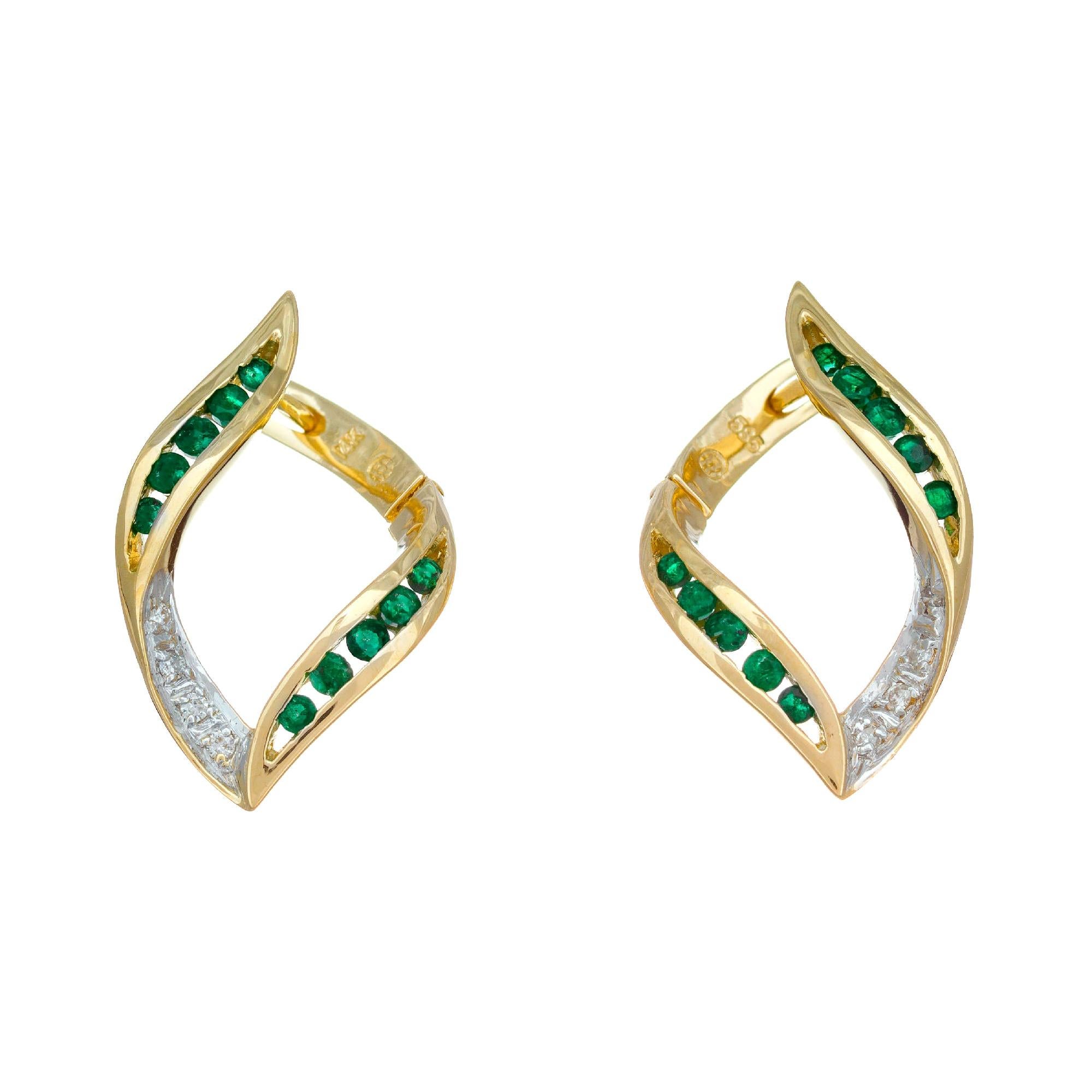 .36 Carat Emerald Diamond Yellow Gold Swirl Hoop Earrings