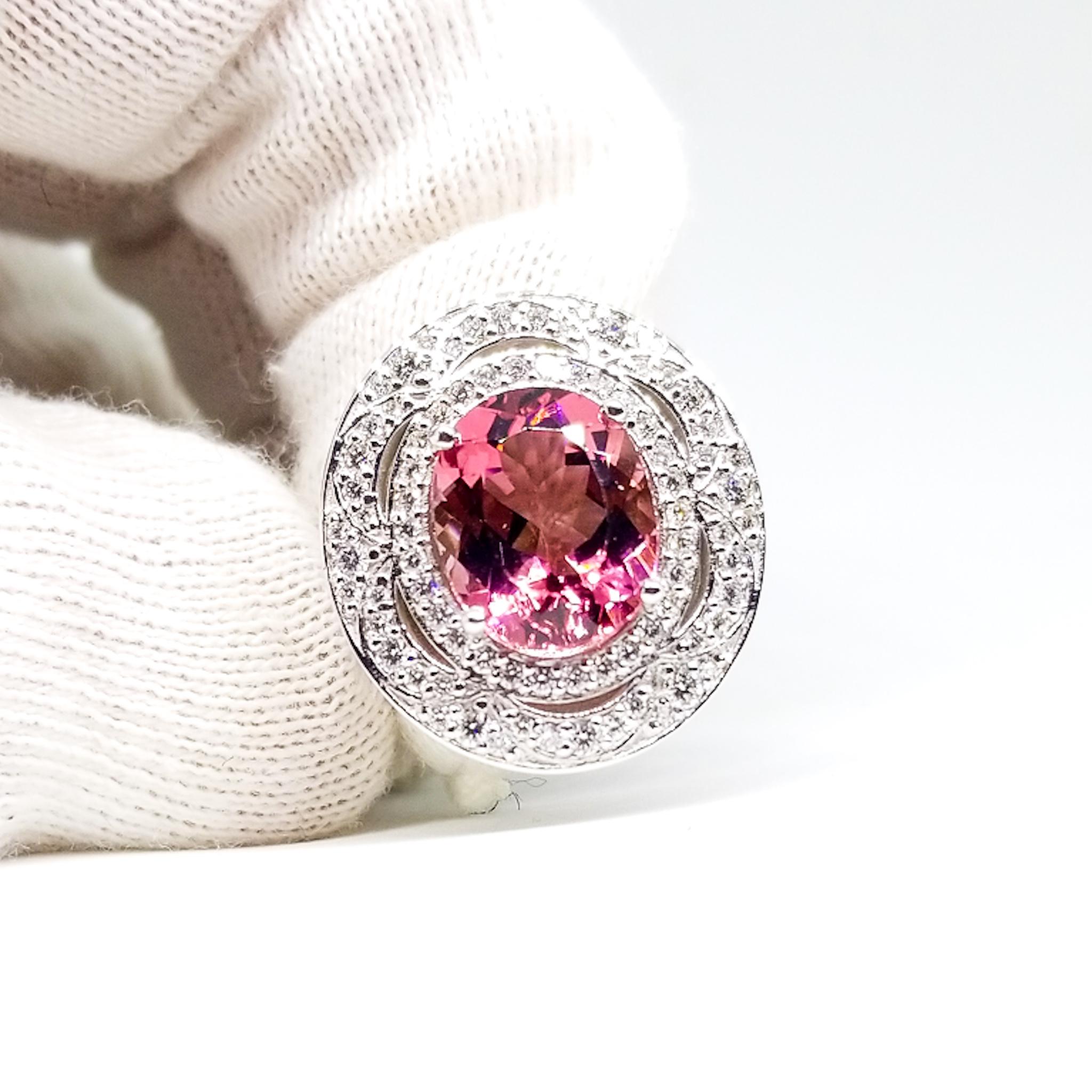 3.6 Carat Hot Pink Tourmaline 1.28 Carat Diamond 18K Statement Cocktail Ring In New Condition For Sale In Lambertville , NJ