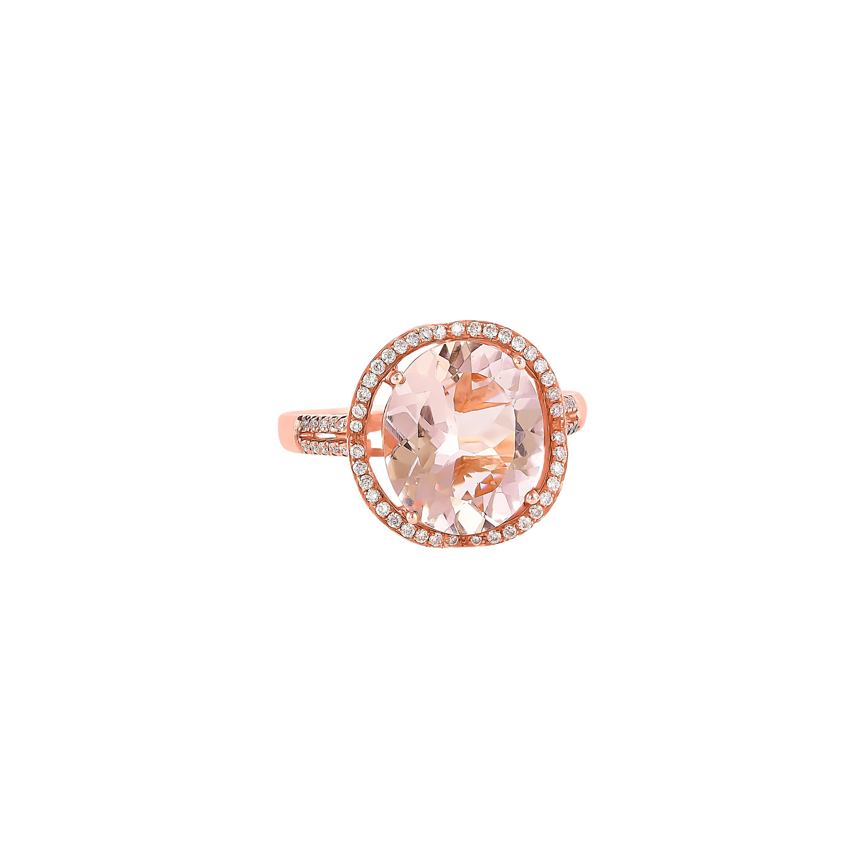 This collection features an array of magnificent morganites! Accented with diamonds these rings are made in rose gold and present a classic yet elegant look. 

Classic morganite ring in 18K rose gold with diamonds. 

Morganite: 3.61 carat oval