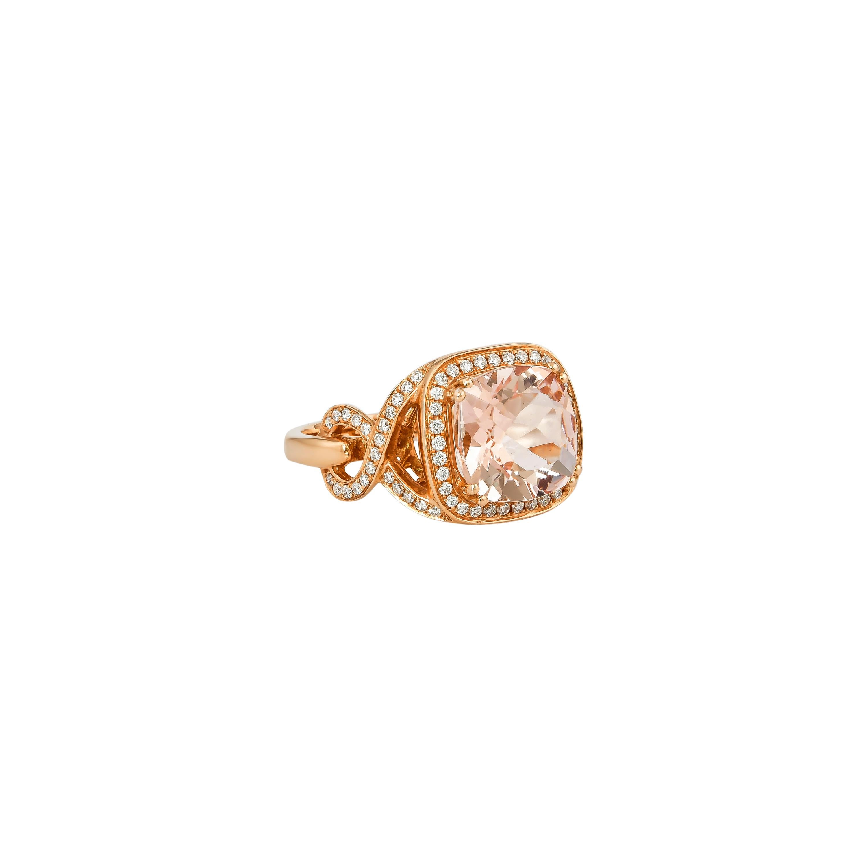 This collection features an array of magnificent morganites! Accented with diamonds these rings are made in rose gold and present a classic yet elegant look. 

Classic morganite ring in 18K rose gold with diamonds. 

Morganite: 3.68 carat cushion