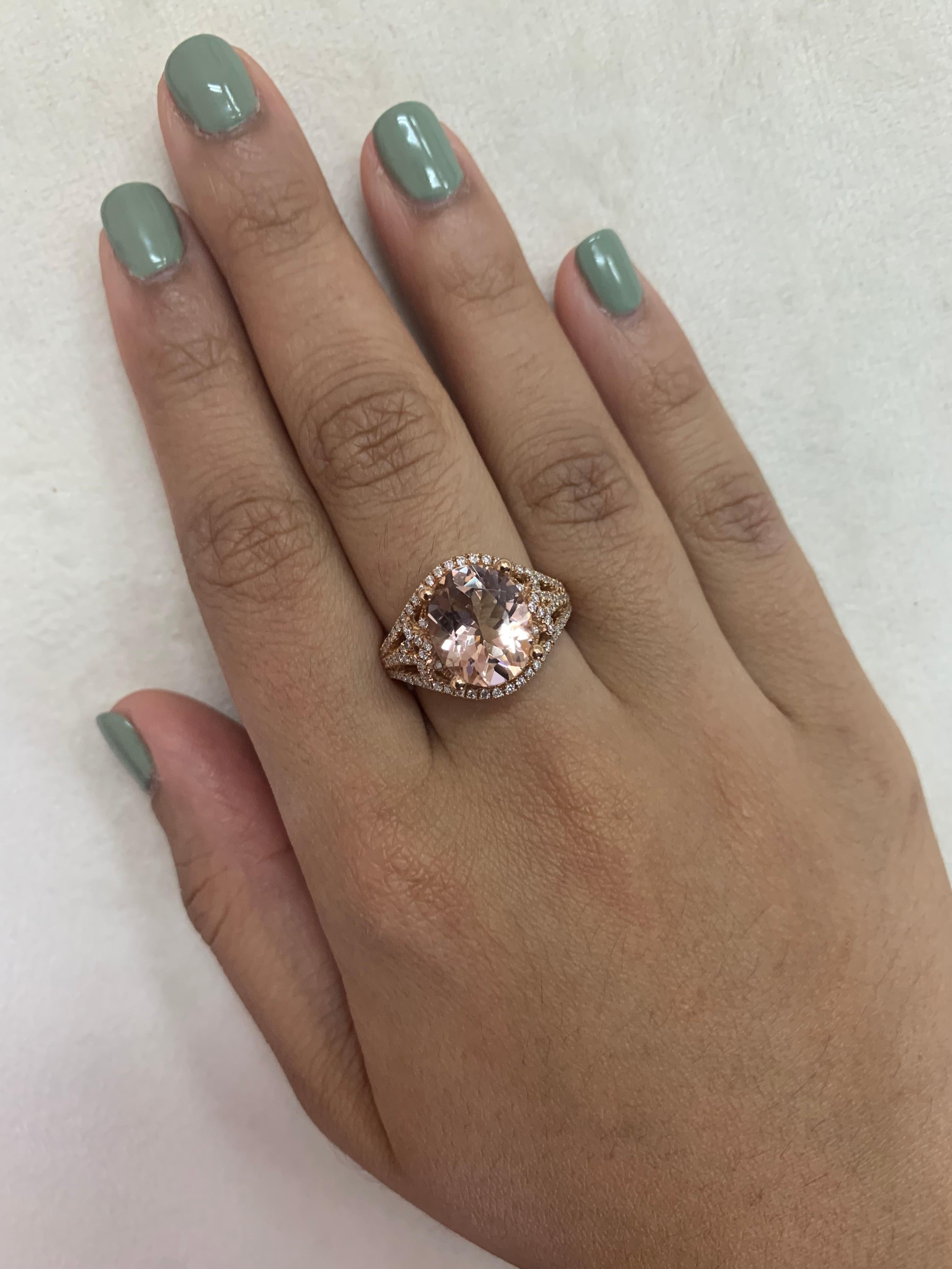This collection features an array of magnificent morganites! Accented with diamonds these rings are made in rose gold and present a classic yet elegant look. 

Classic morganite ring in 18K rose gold with diamonds. 

Morganite: 3.63 carat oval