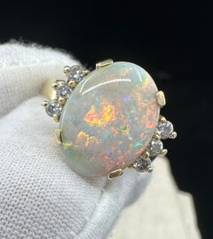 3.6 Carat Opal 6 Diamond Ring 14 Karat Gold Cocktail Statement Art Deco Ring