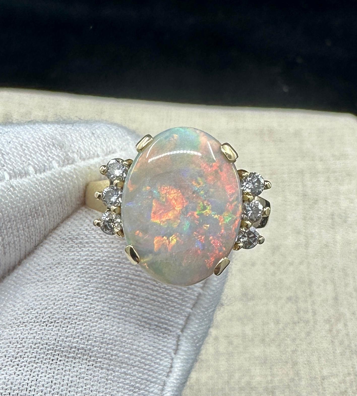 3,6 Karat Opal 6 Diamant Ring 14 Karat Gold Cocktail Erklärung Art Deco Ring Damen im Angebot