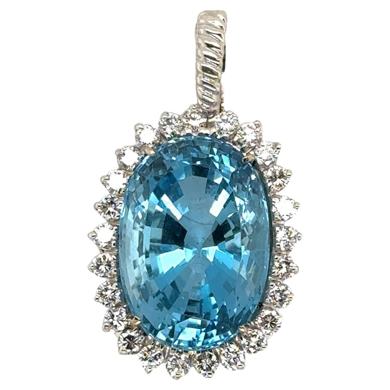 36 Carat Oval Blue Topaz Gemstone Diamond 18 Karat White Gold Pendant For Sale