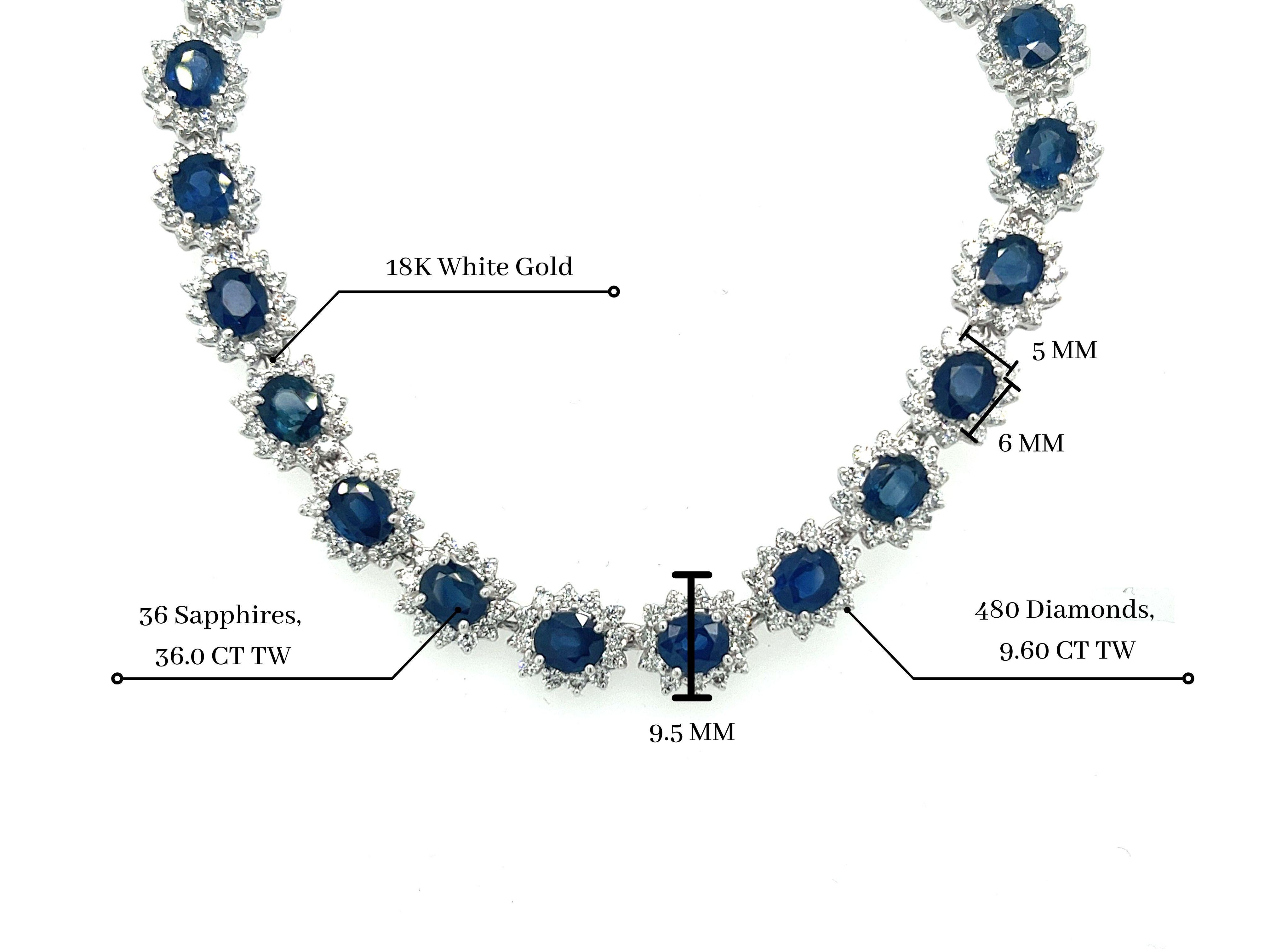 Introducing a circle link 18k white gold choker necklace with natural Blue Sapphires and diamonds.

40 individual links each containing a vivid no heat Blue Sapphire. The Sapphires are oval cut, totaling approximately 36.0 carats total and measuring