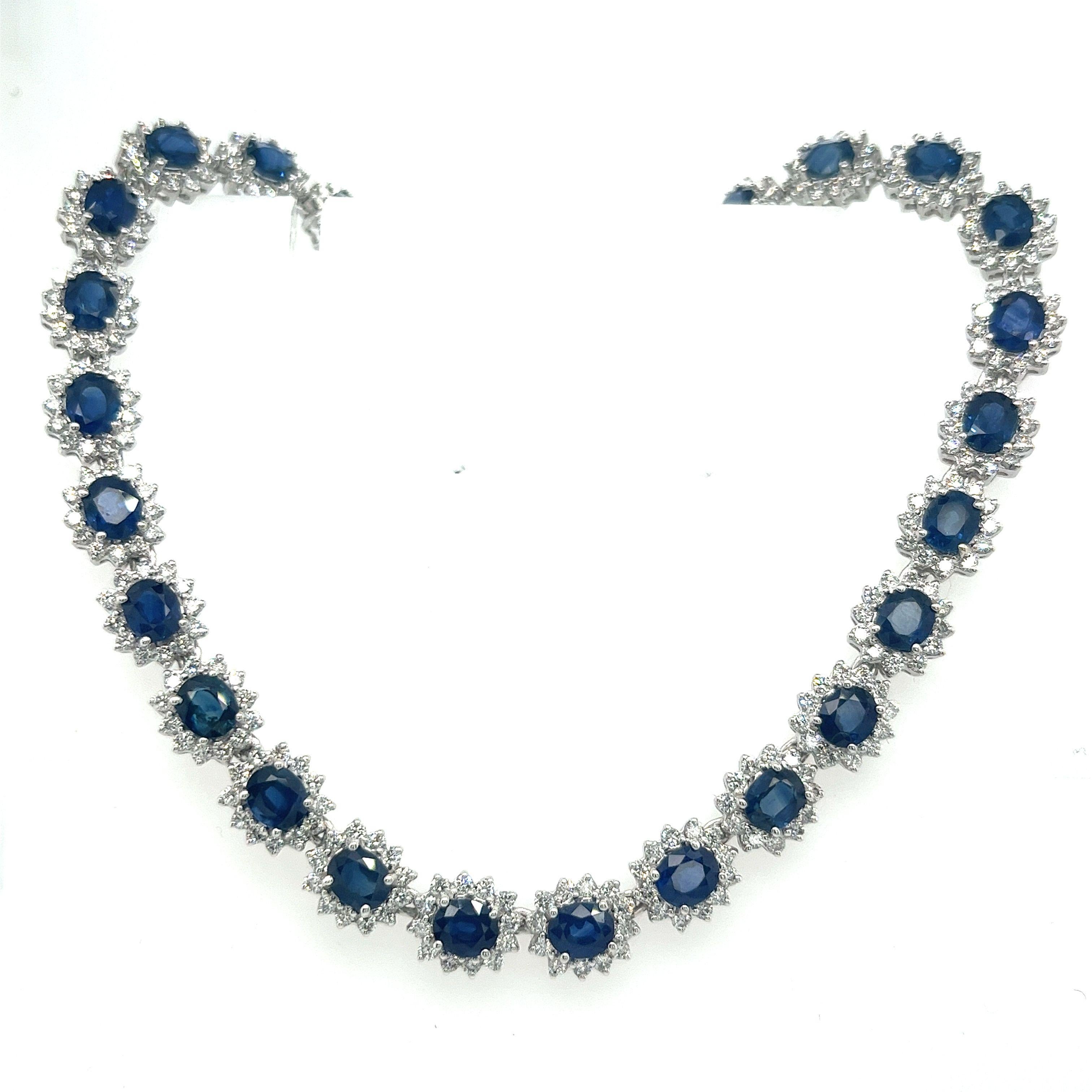 36 Carat Oval Cut Blue Sapphire & Diamond Halo Choker Necklace in 18k White Gold In New Condition For Sale In Miami, FL