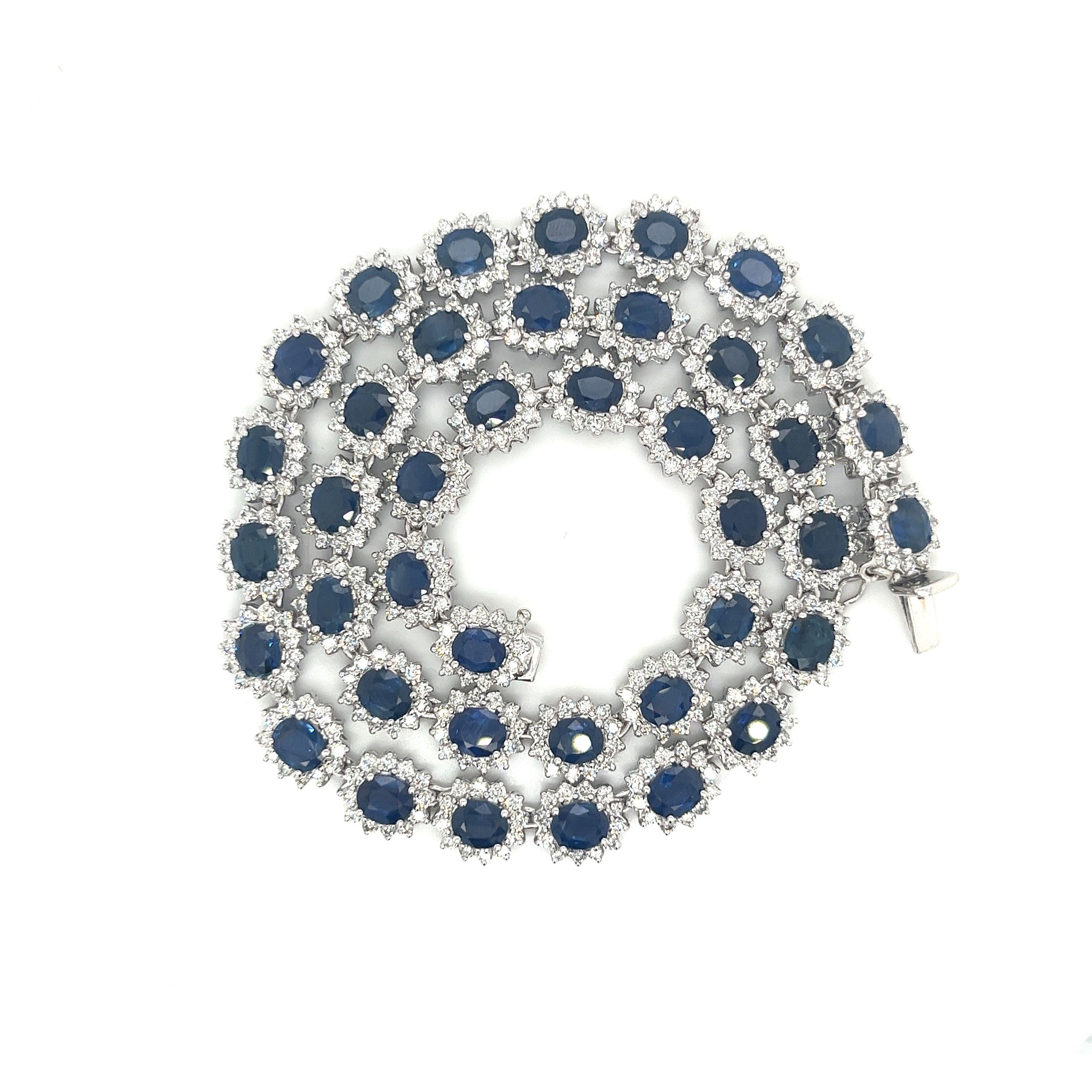 36 Carat Oval Cut Blue Sapphire & Diamond Halo Choker Necklace in 18k White Gold For Sale 1