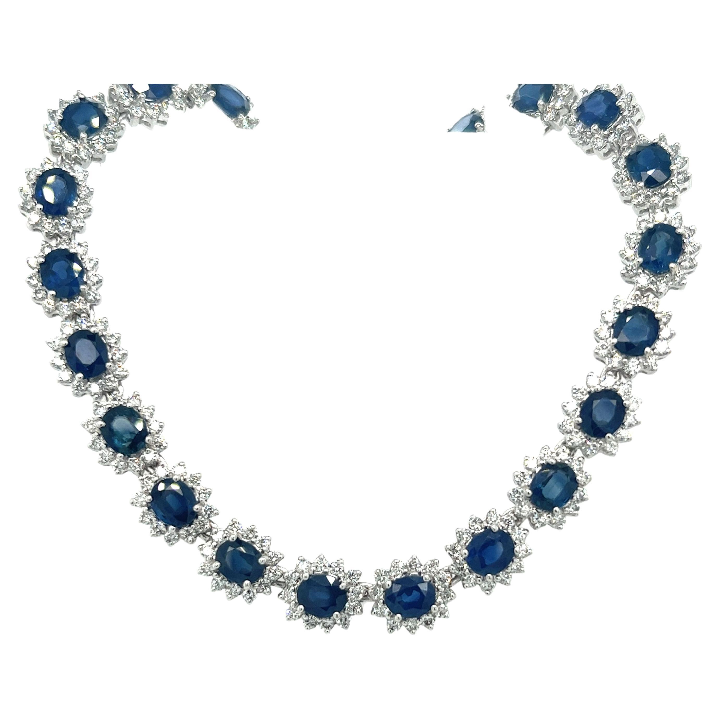 36 Carat Oval Cut Blue Sapphire & Diamond Halo Choker Necklace in 18k White Gold