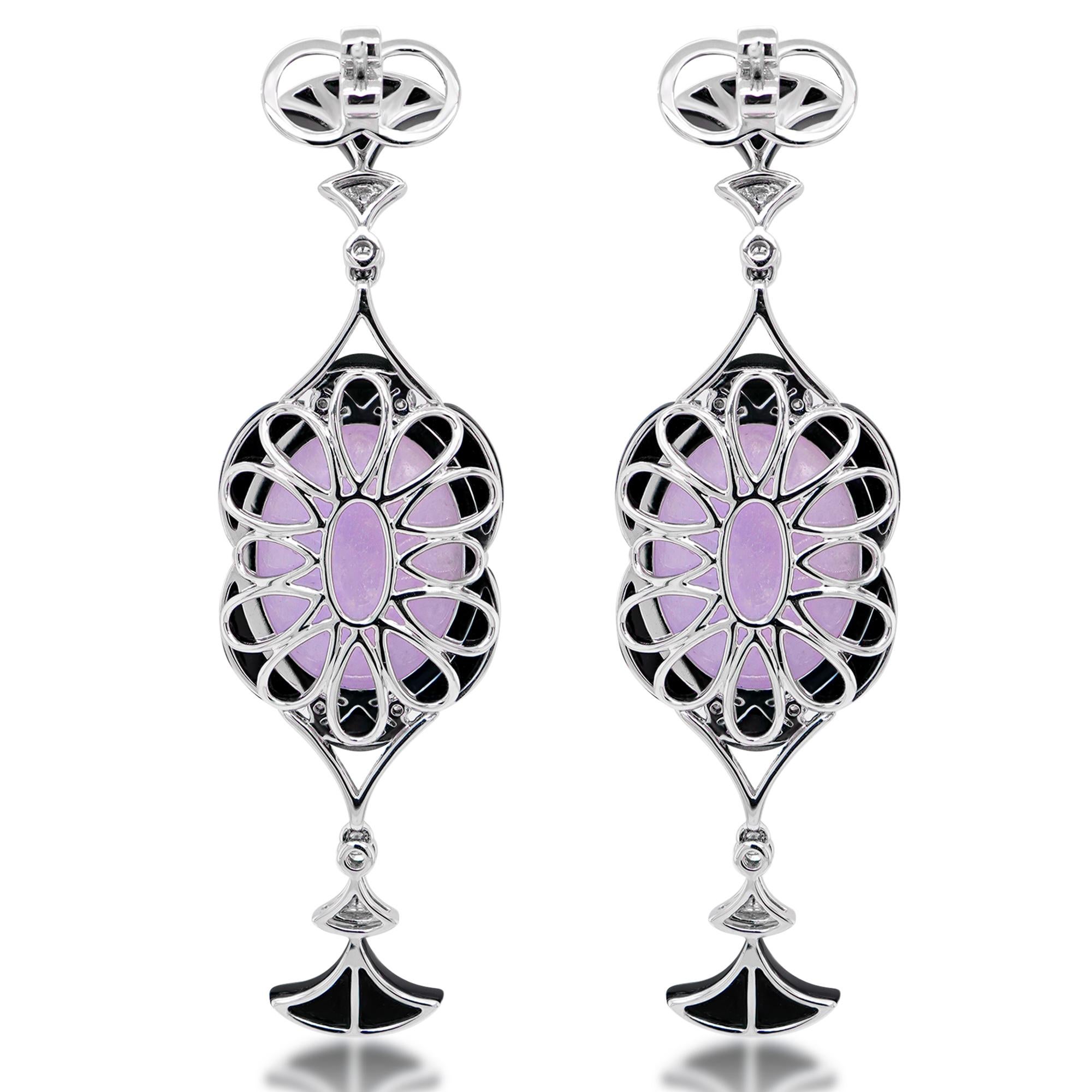 Round Cut 36 Carat Purple Jade Diamond And Onyx Art Deco Unusual 18K Earring For Sale
