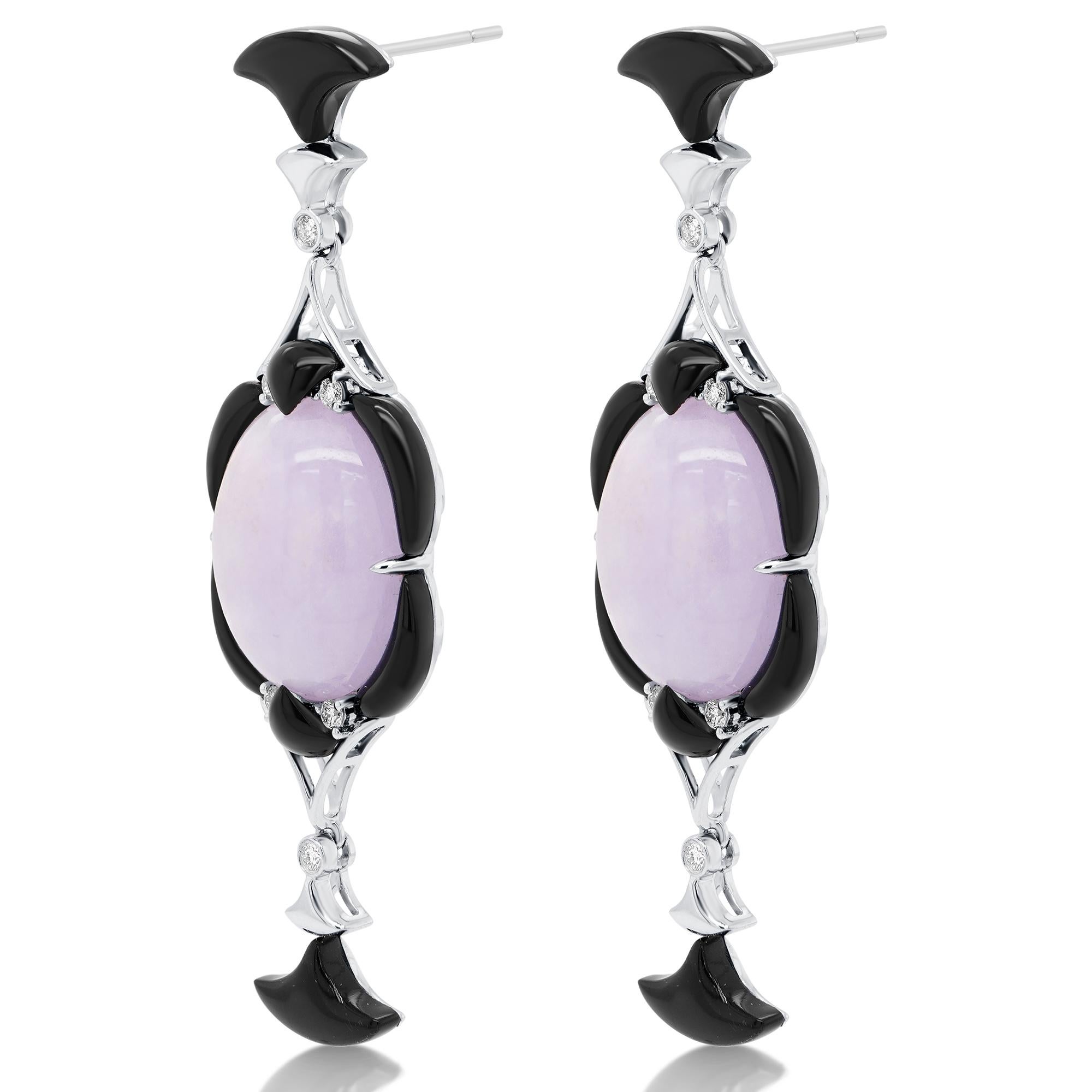 36 Carat Purple Jade Diamond And Onyx Art Deco Unusual 18K Earring In New Condition For Sale In Hung Hom, HK