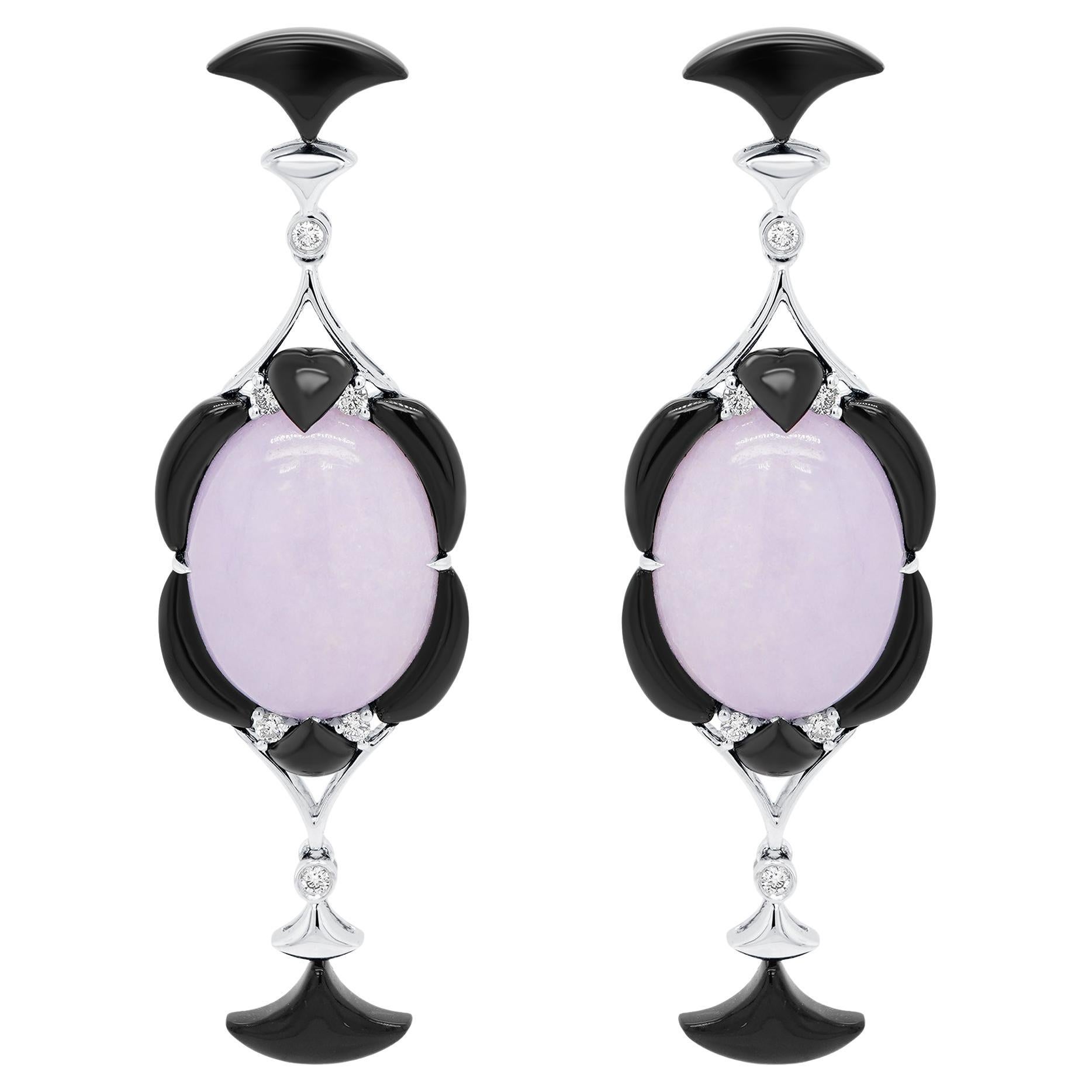 36 Carat Purple Jade Diamond And Onyx Art Deco Unusual 18K Earring For Sale