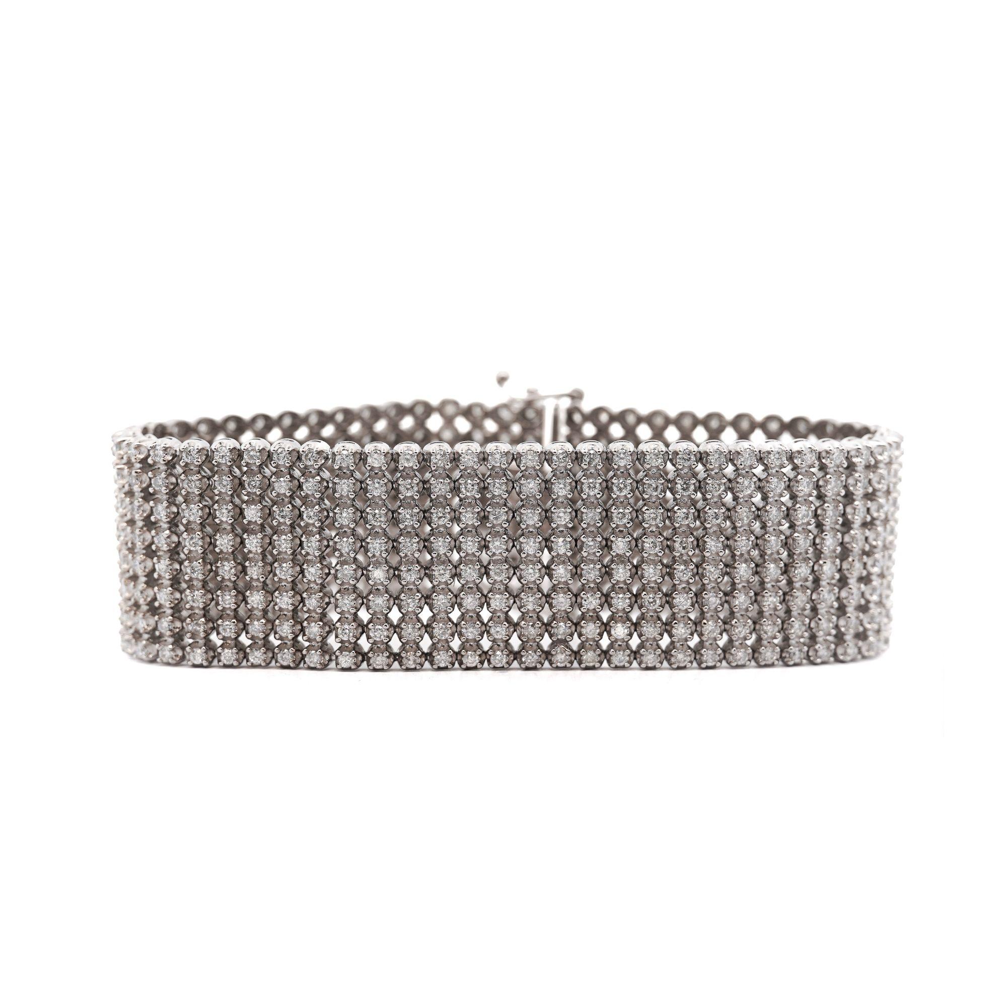 Contemporary 36 Carat Round Diamond 10K White Gold 8-Row Oversized Tennis Bracelet For Sale