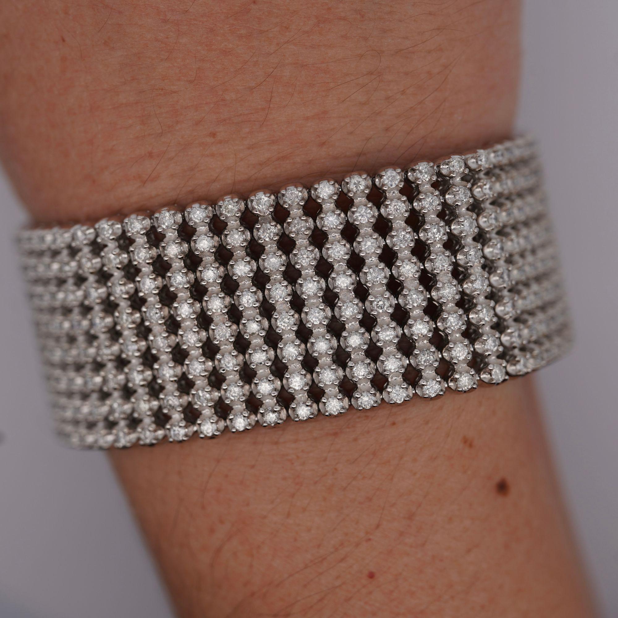 Round Cut 36 Carat Round Diamond 10K White Gold 8-Row Oversized Tennis Bracelet For Sale