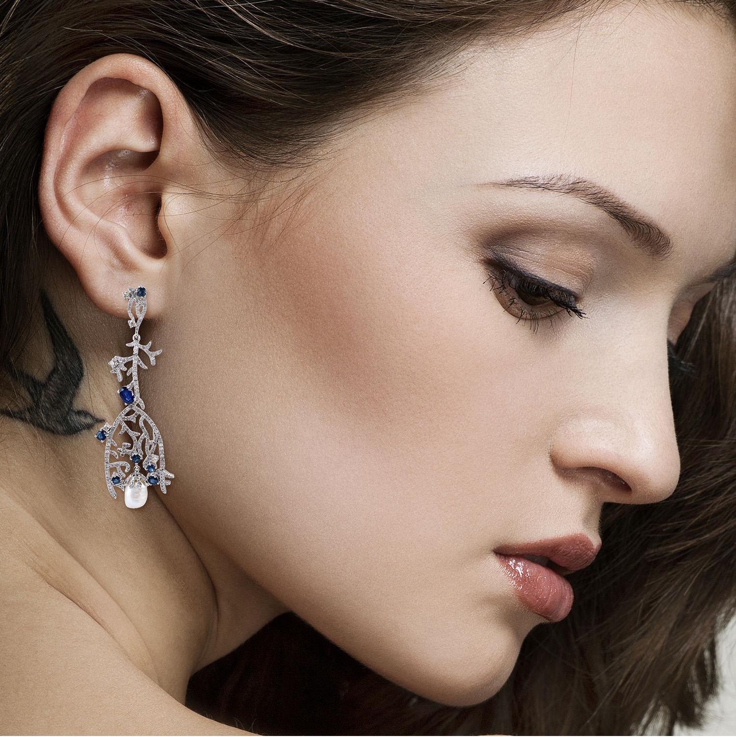 Contemporary 3.6 Carat Sapphire Diamond Pearl Veil Earrings For Sale