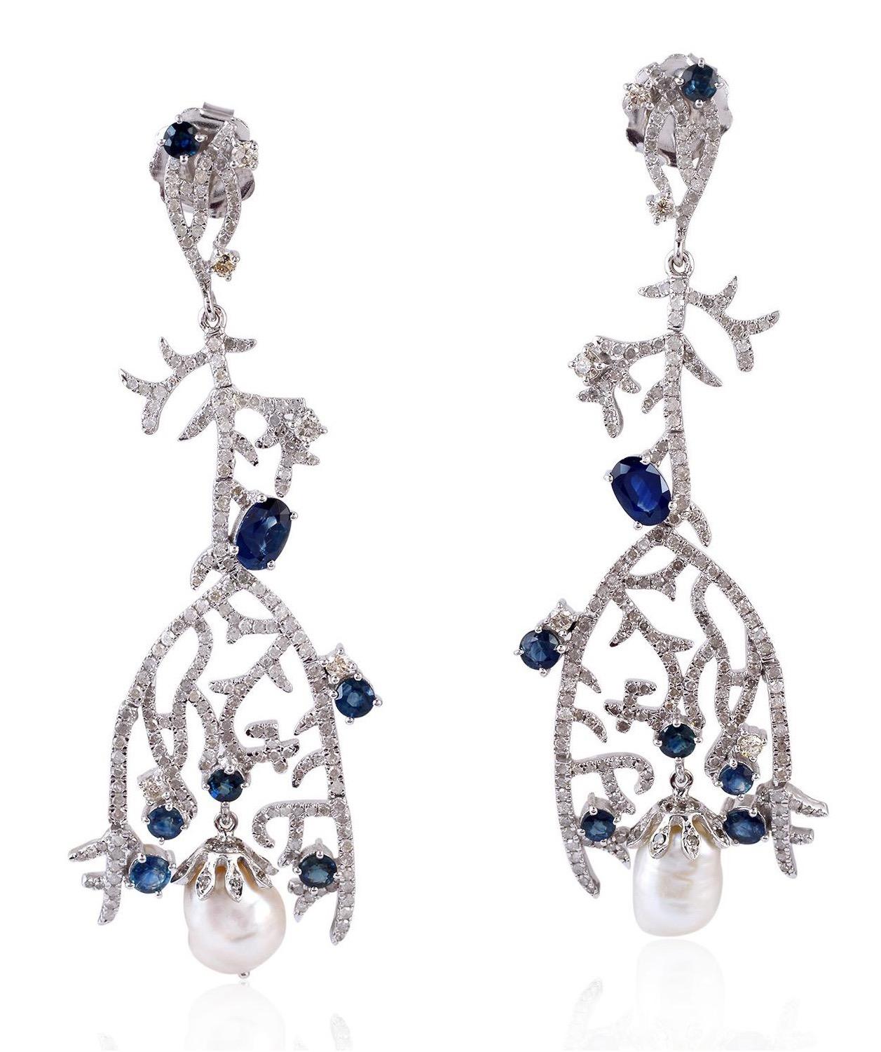 Mixed Cut 3.6 Carat Sapphire Diamond Pearl Veil Earrings For Sale