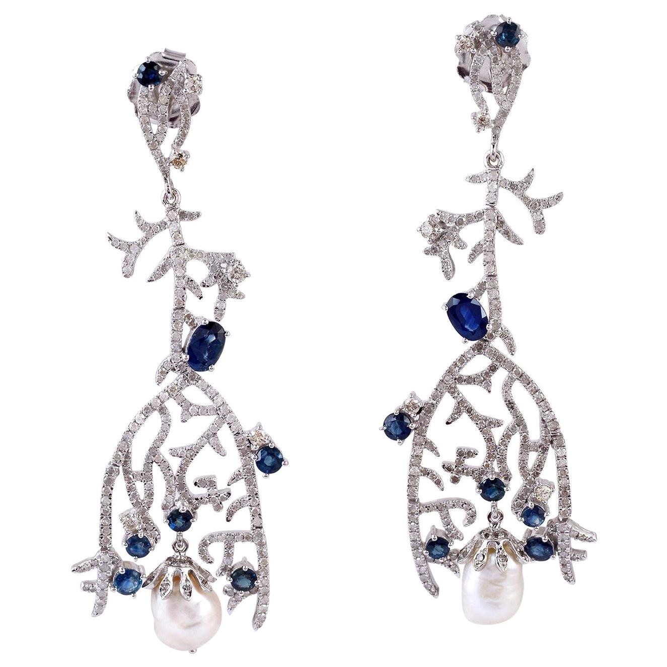3.6 Carat Sapphire Diamond Pearl Veil Earrings