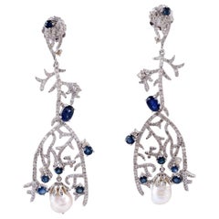 3.6 Carat Sapphire Diamond Pearl Veil Earrings