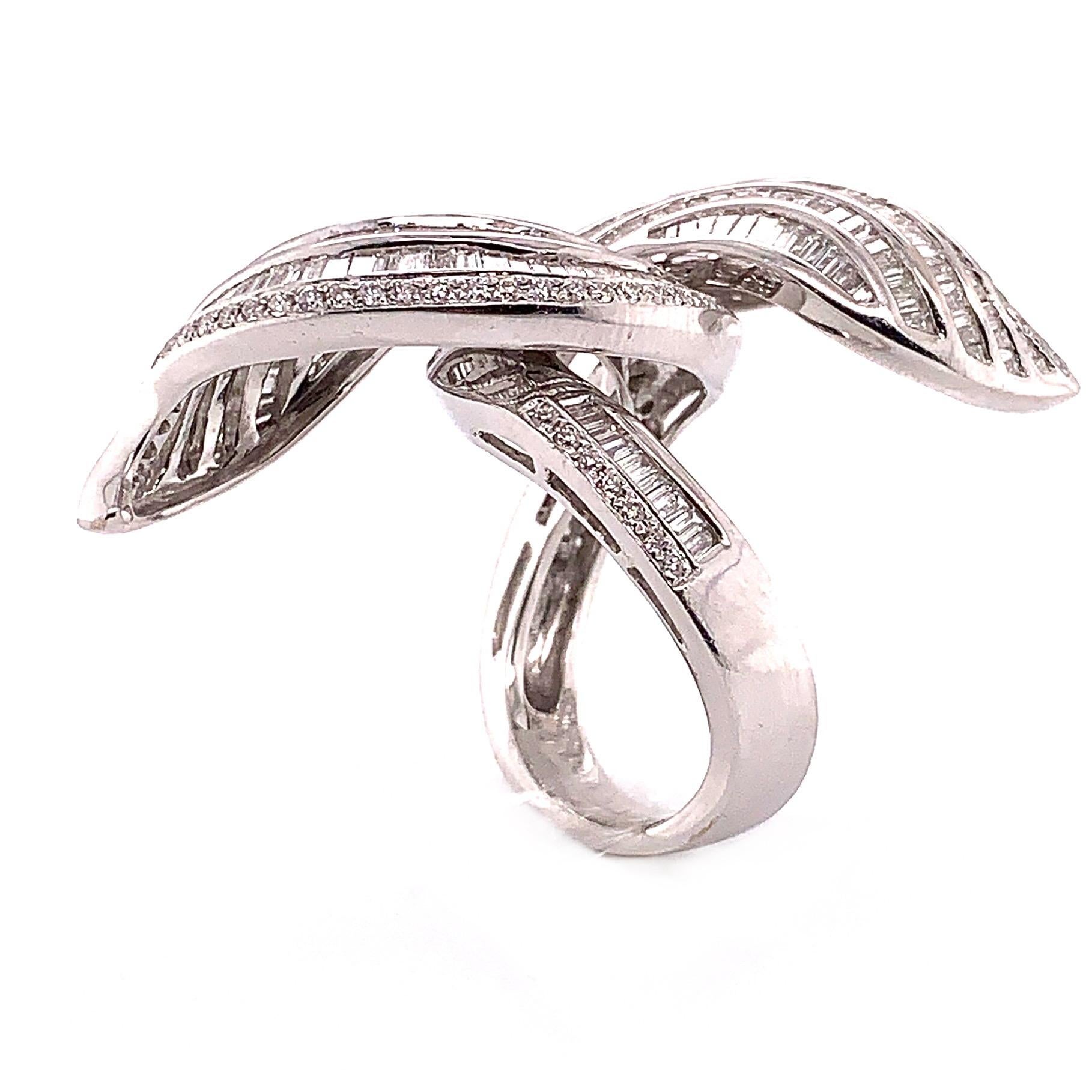 Contemporary 3.6 Carat Twirling Baguette Diamond Ring Crafted in 18 Karat White Gold