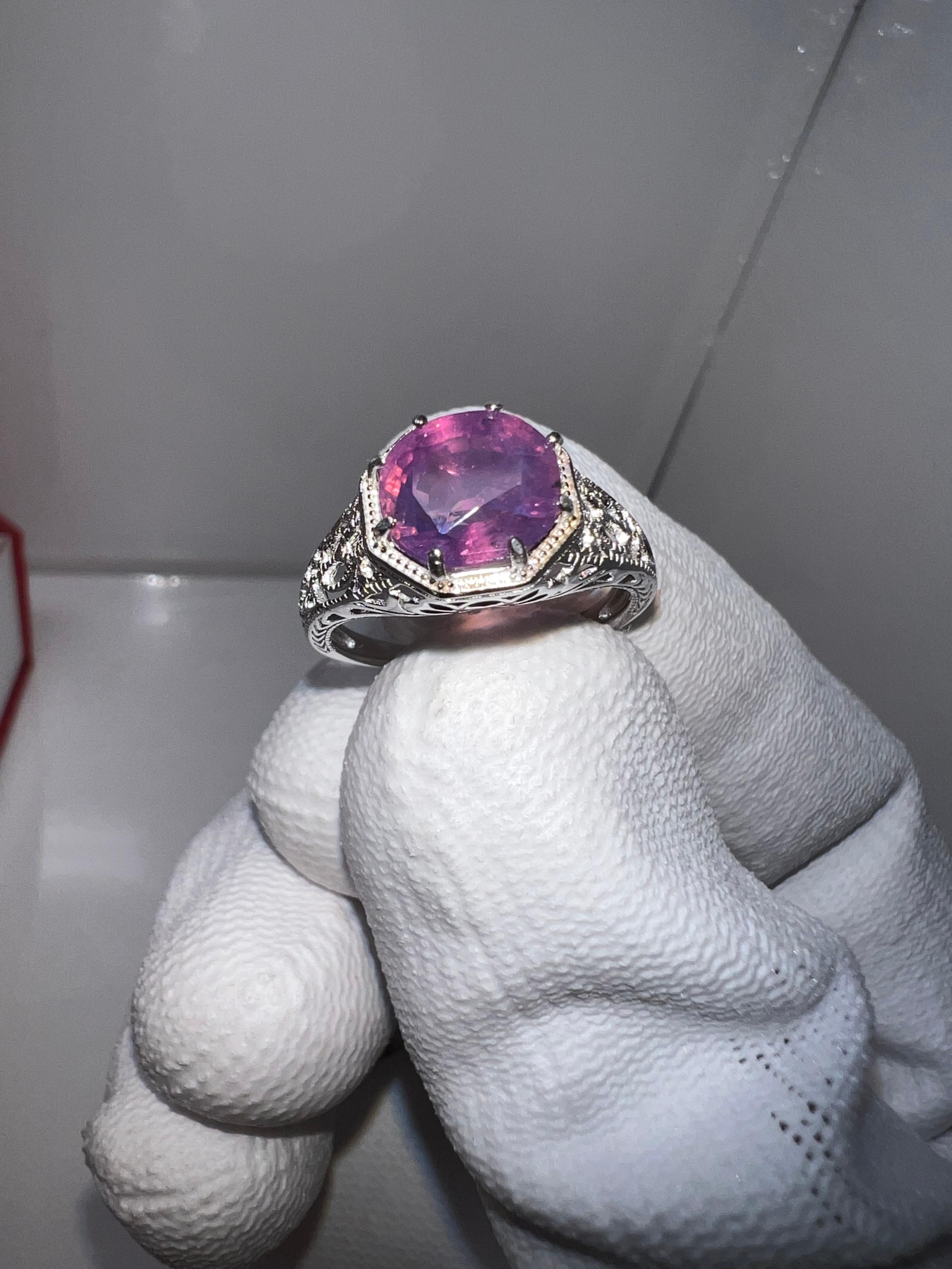 Contemporary 3.6 Carat Vivid Pink with Blue Hue Kashmir Sapphire Silver Ring