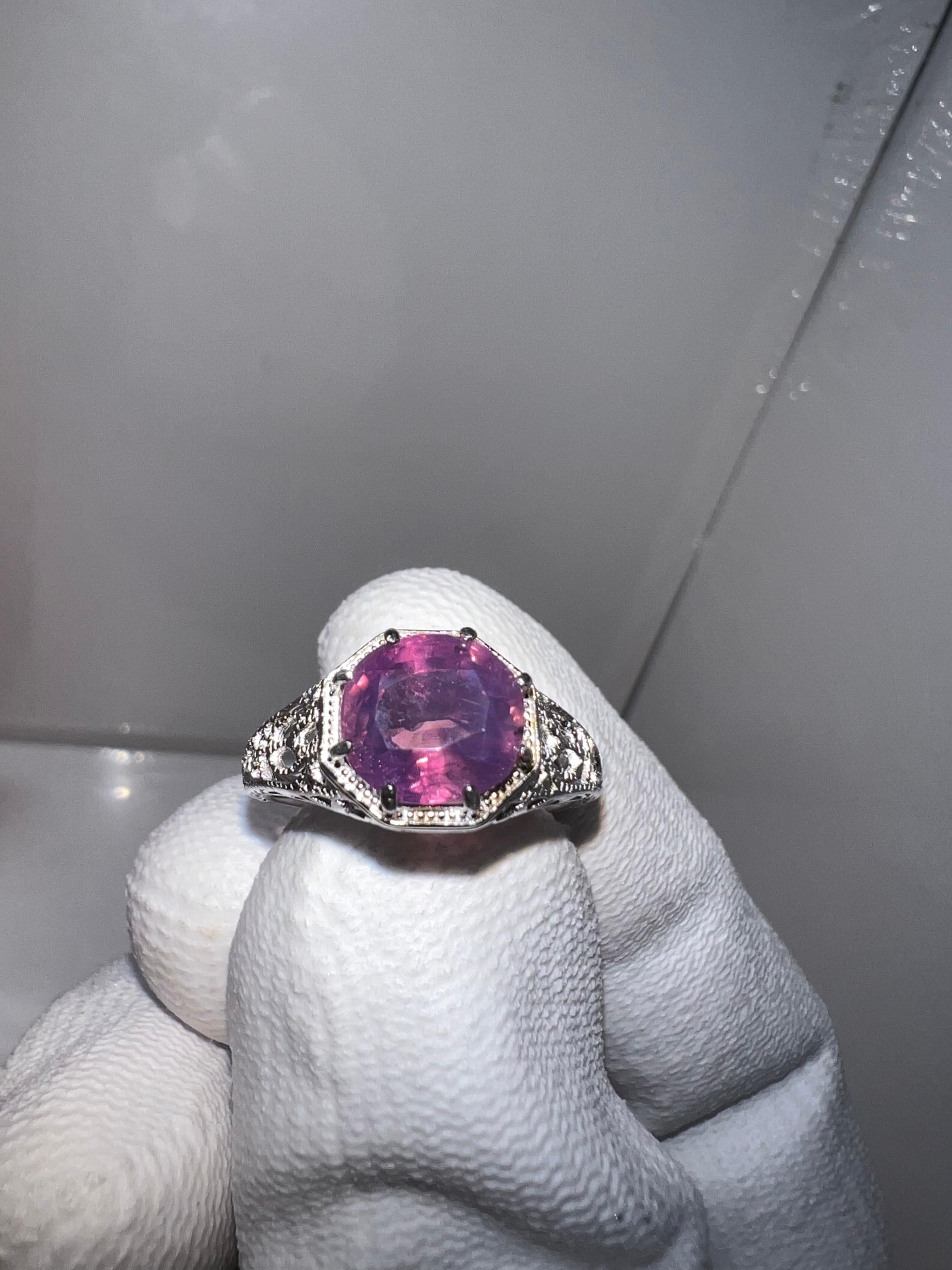 Octagon Cut 3.6 Carat Vivid Pink with Blue Hue Kashmir Sapphire Silver Ring