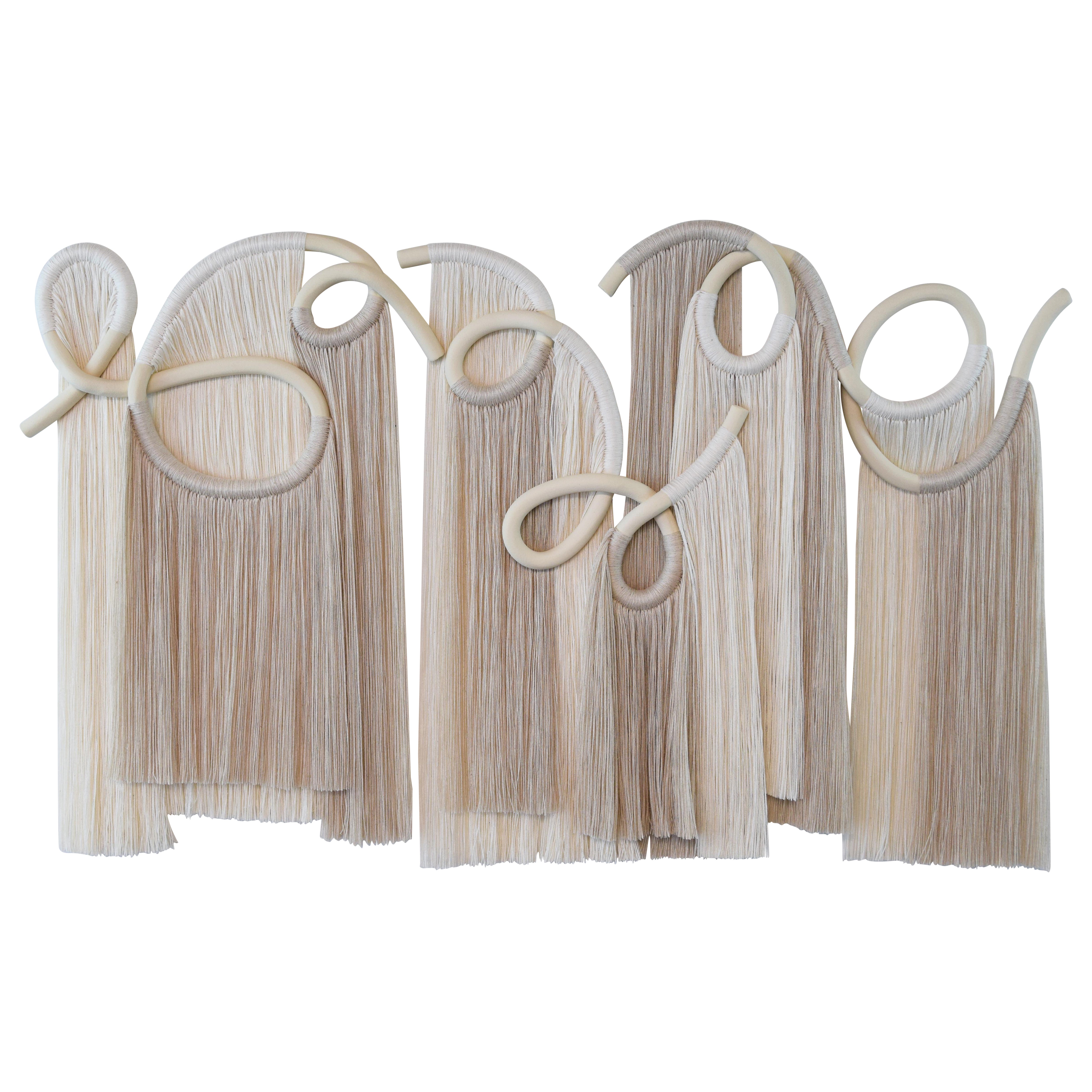 36" Ceramic and Fiber Wall Sculpture - White Hand Formed Clay 
Cotton Fringe