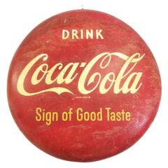 Coca Cola "Sign of Good Taste" Enameled Button Sign, circa 1953